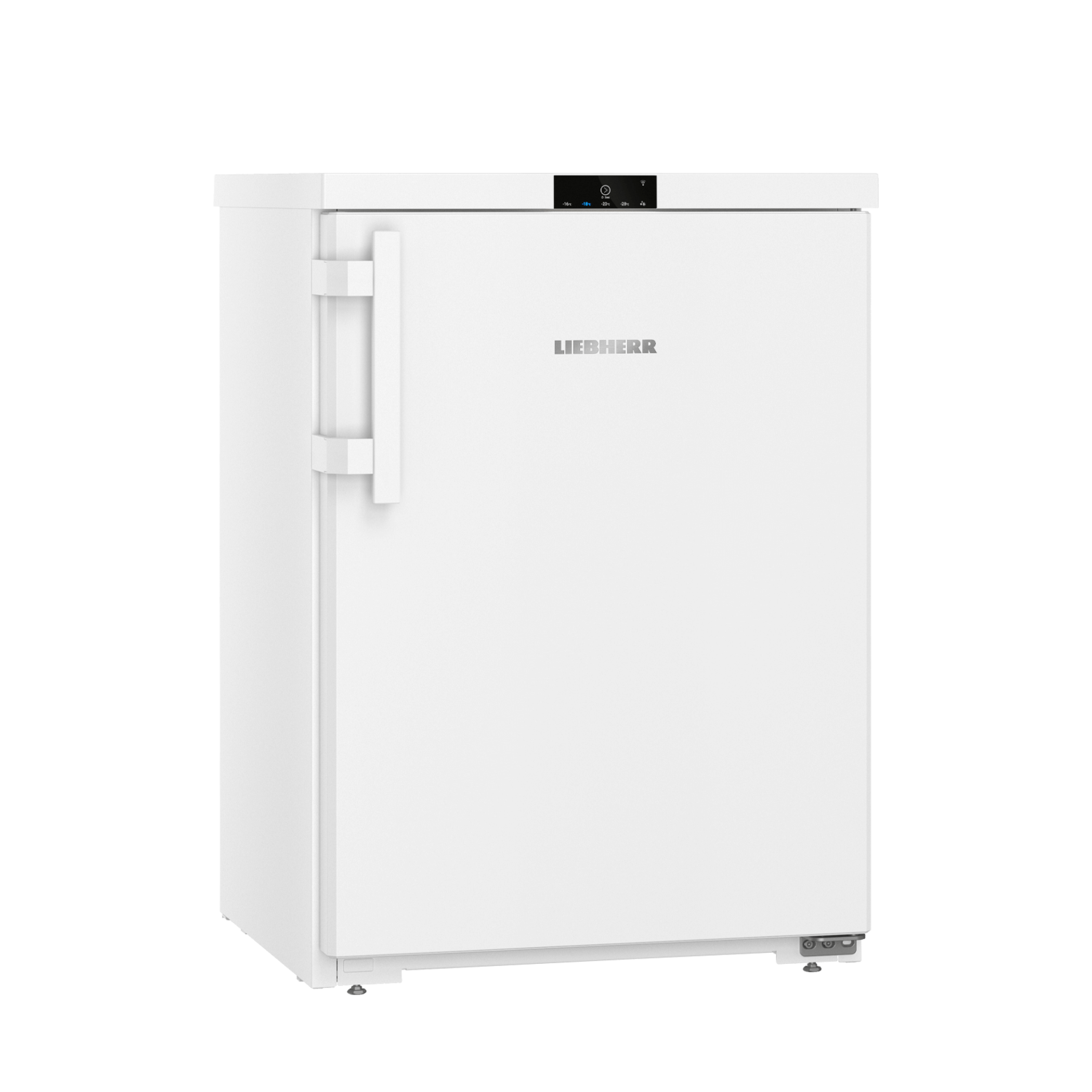 White refrigerator with the Liebherr logo. It has a handle and a digital display on the door.