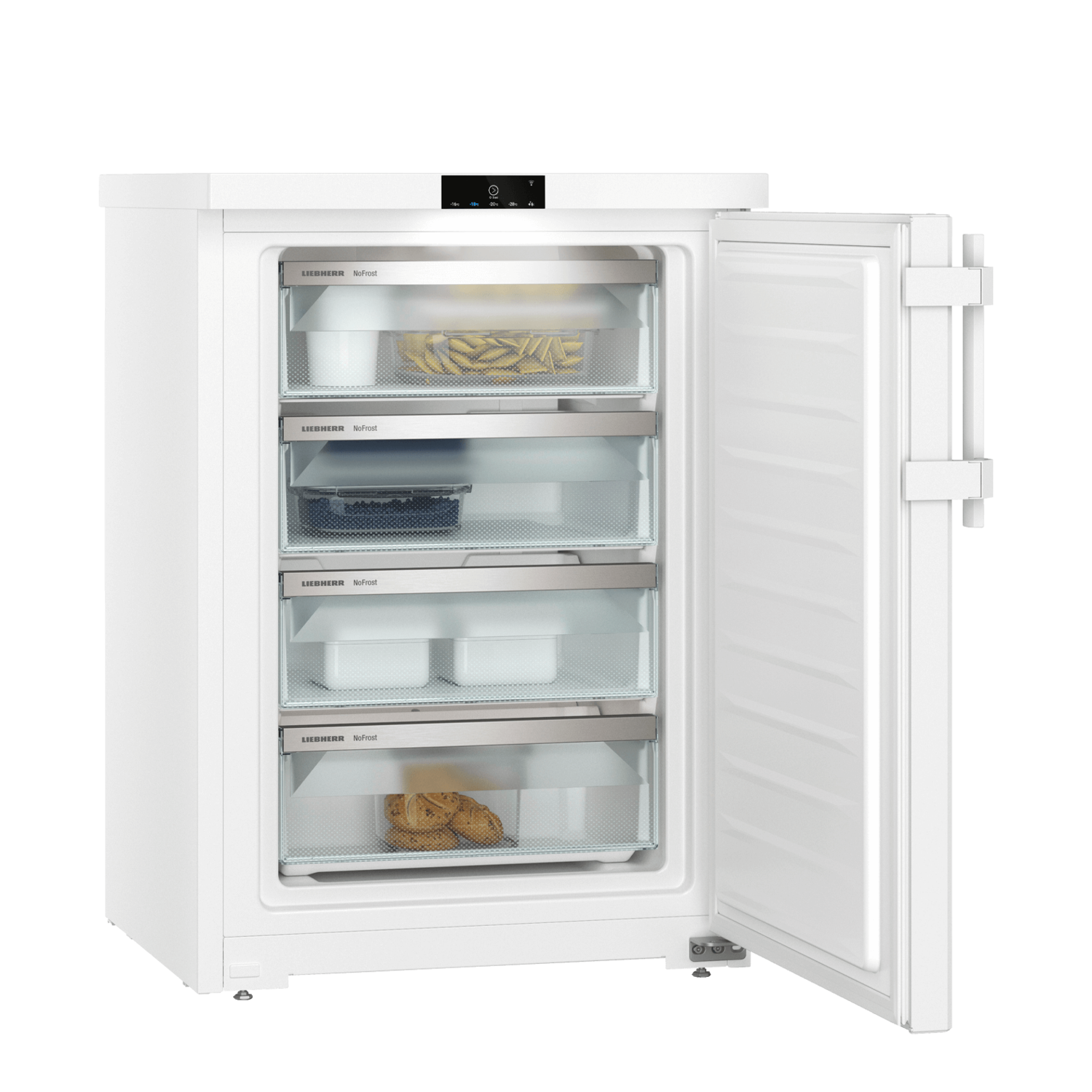 White refrigerator with the door open, showing interior drawers with food items, on a black background.