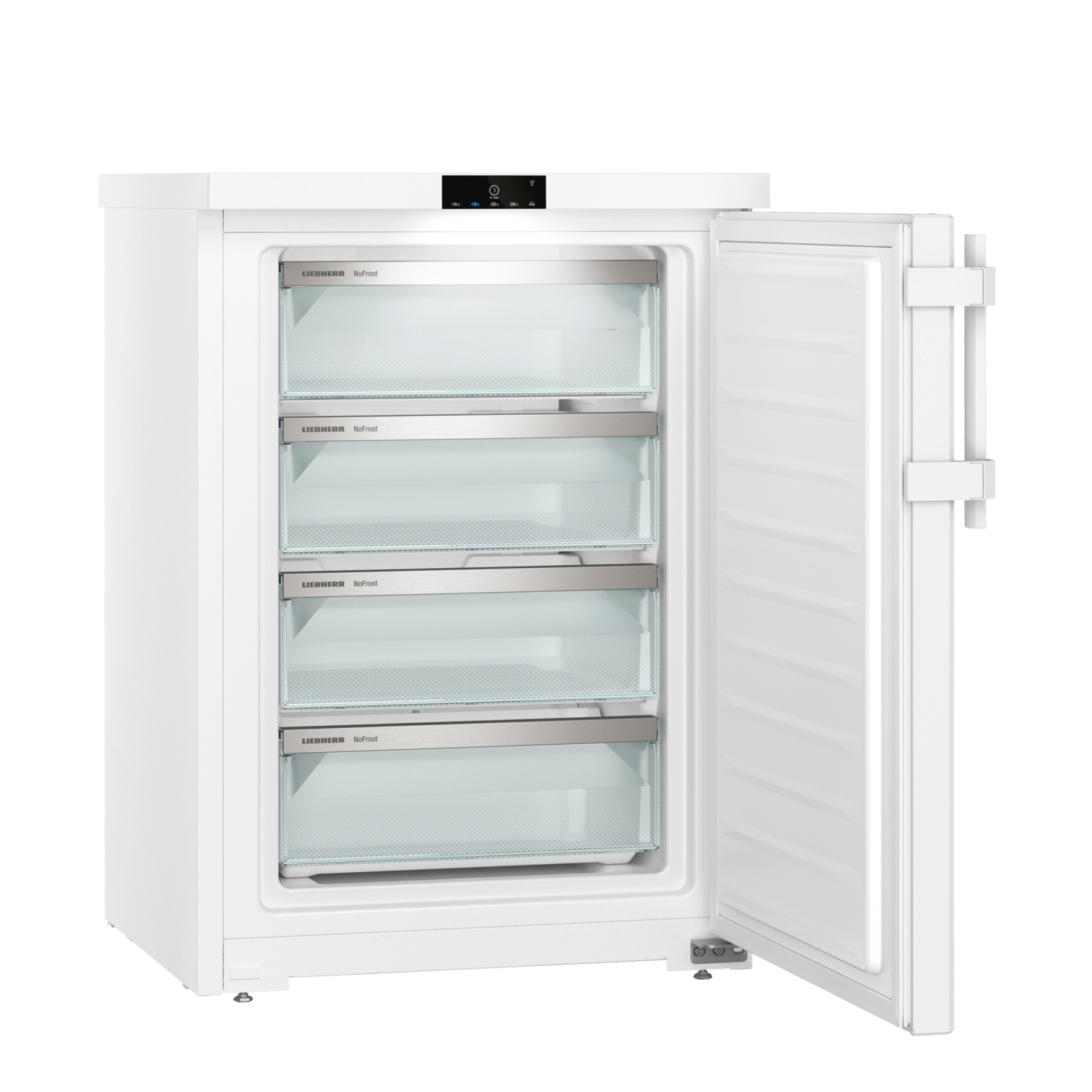 A white freezer with four drawers open. The interior is visible. The door is open.
