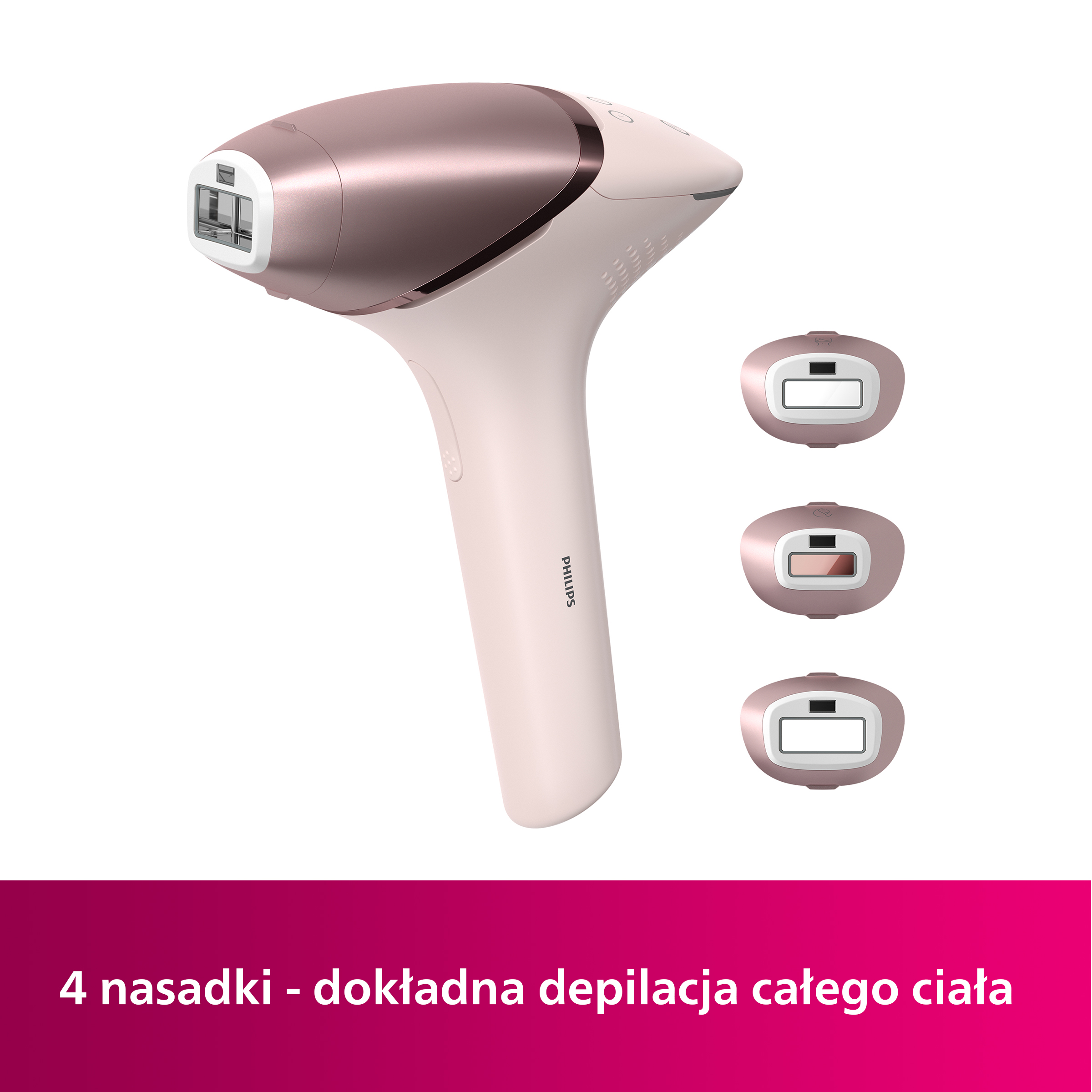 Różowe urządzenie do depilacji Philips z trzema wymiennymi głowicami.