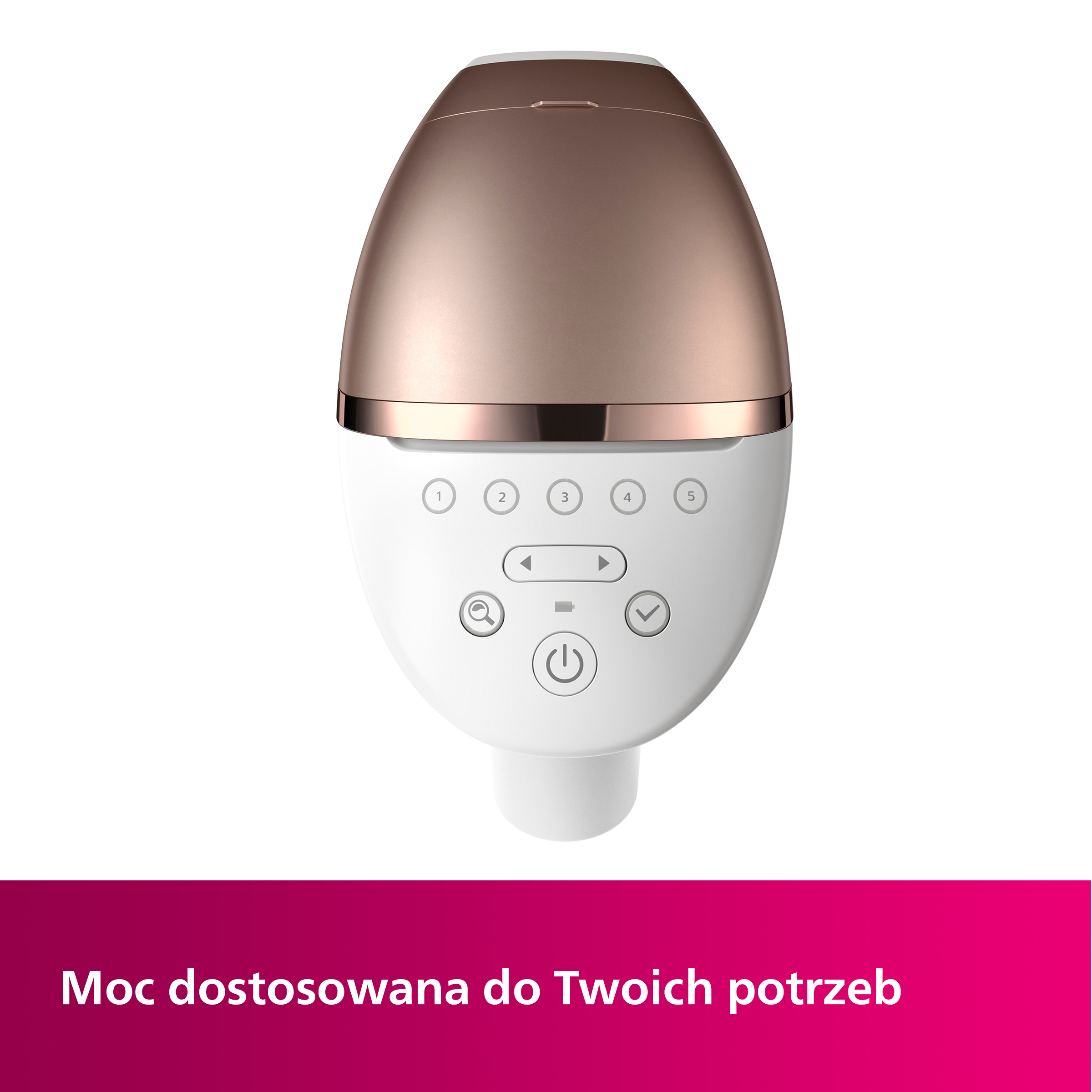 Biały i różowo-złoty depilator z pięcioma przyciskami i przyciskiem zasilania. Tekst na dole: Dla Twoich potrzeb.