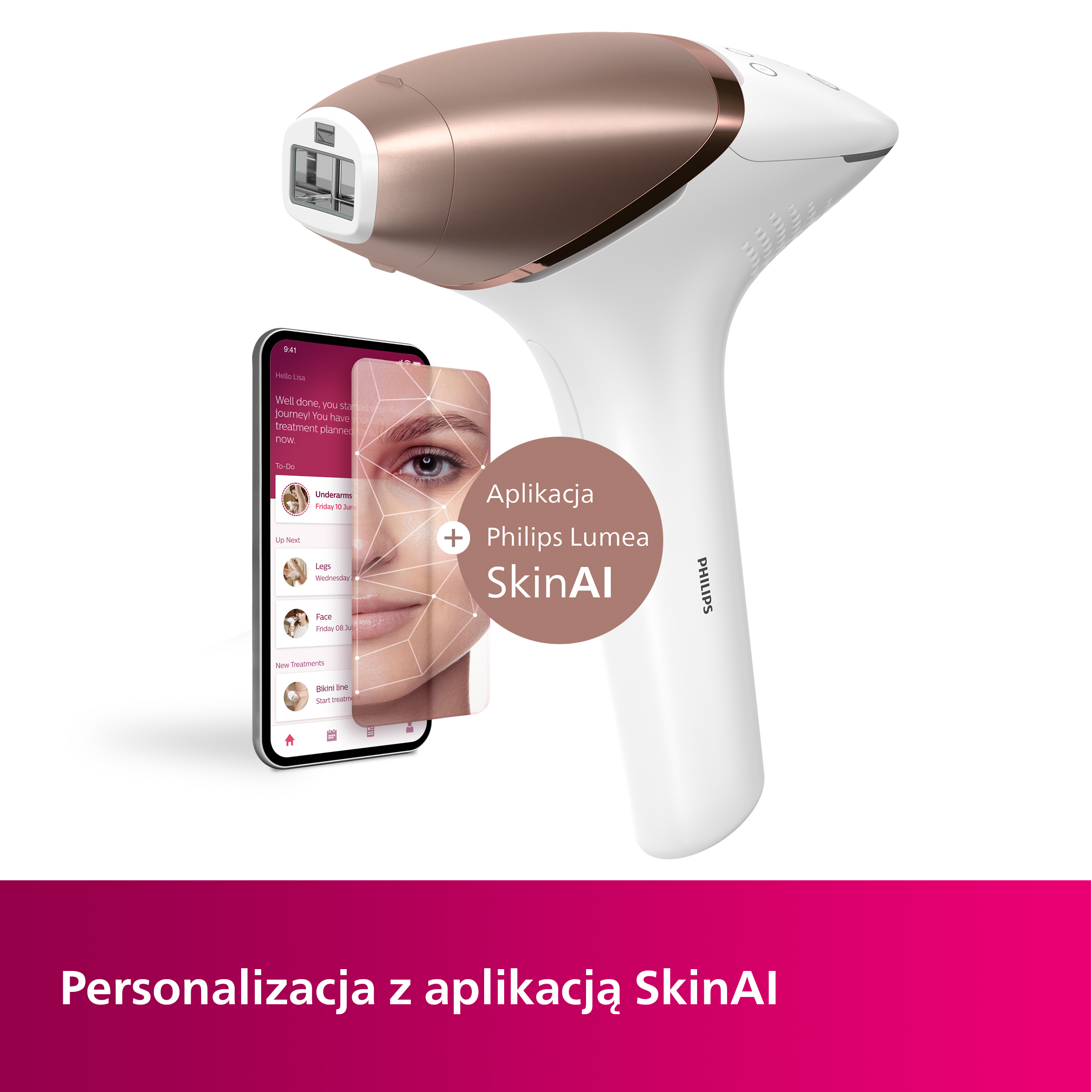 Białe i różowo-złote urządzenie Philips Lumea z ekranem telefonu. Widoczna aplikacja ze skanem twarzy.