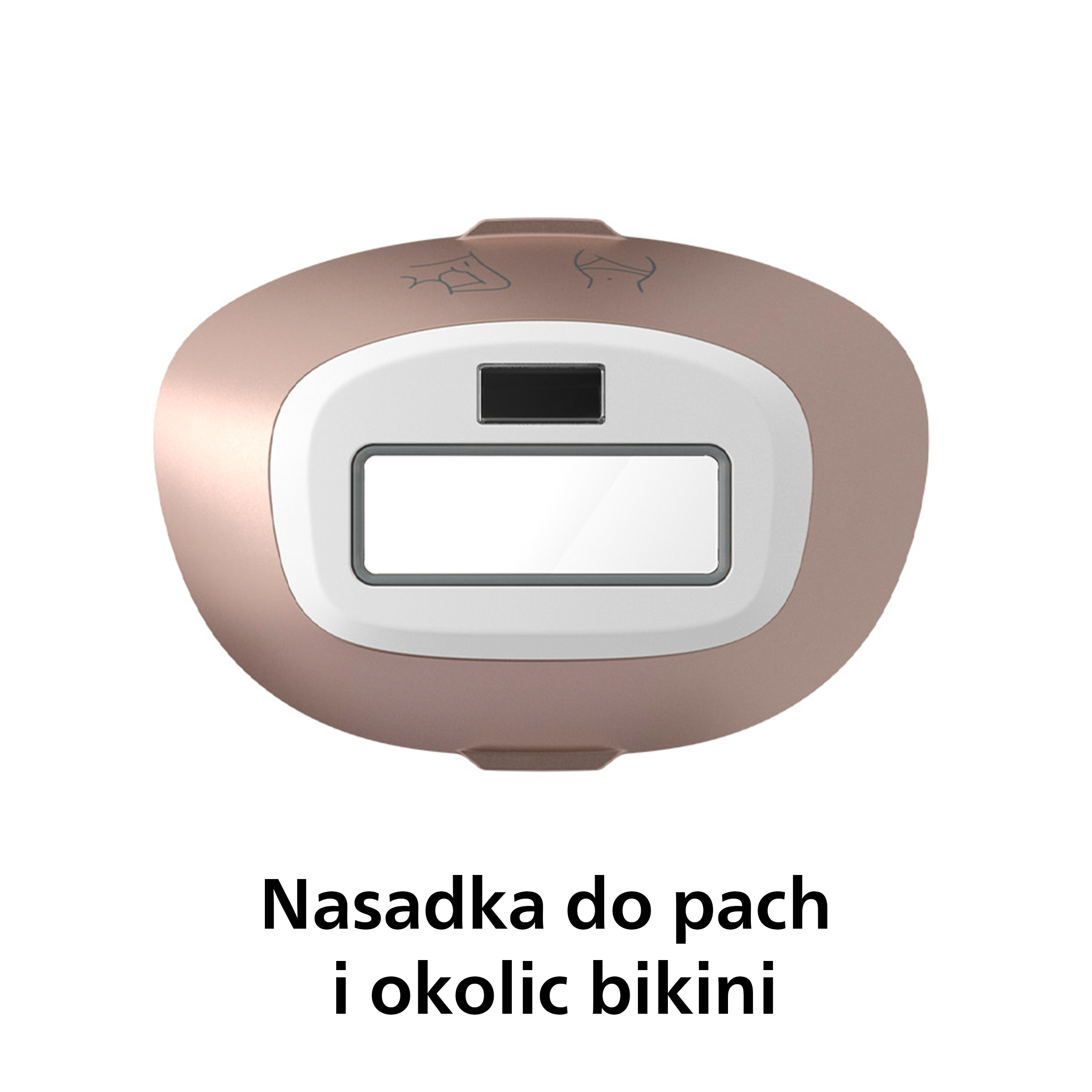 Zbliżenie na różowo-złote urządzenie do depilacji laserowej. Białe tło, polski tekst poniżej.