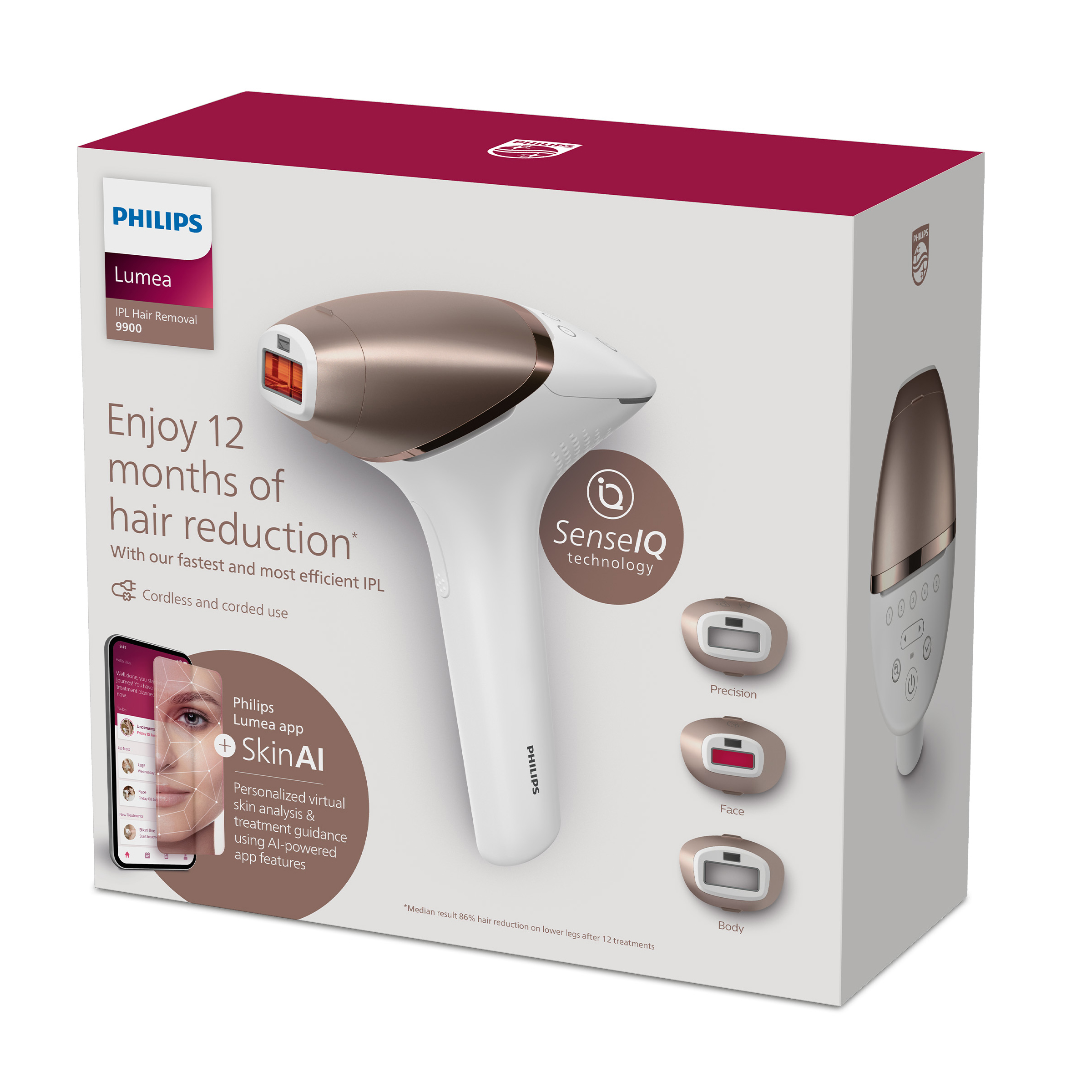 Biało-złote pudełko Philips Lumea z urządzeniem i akcesoriami.