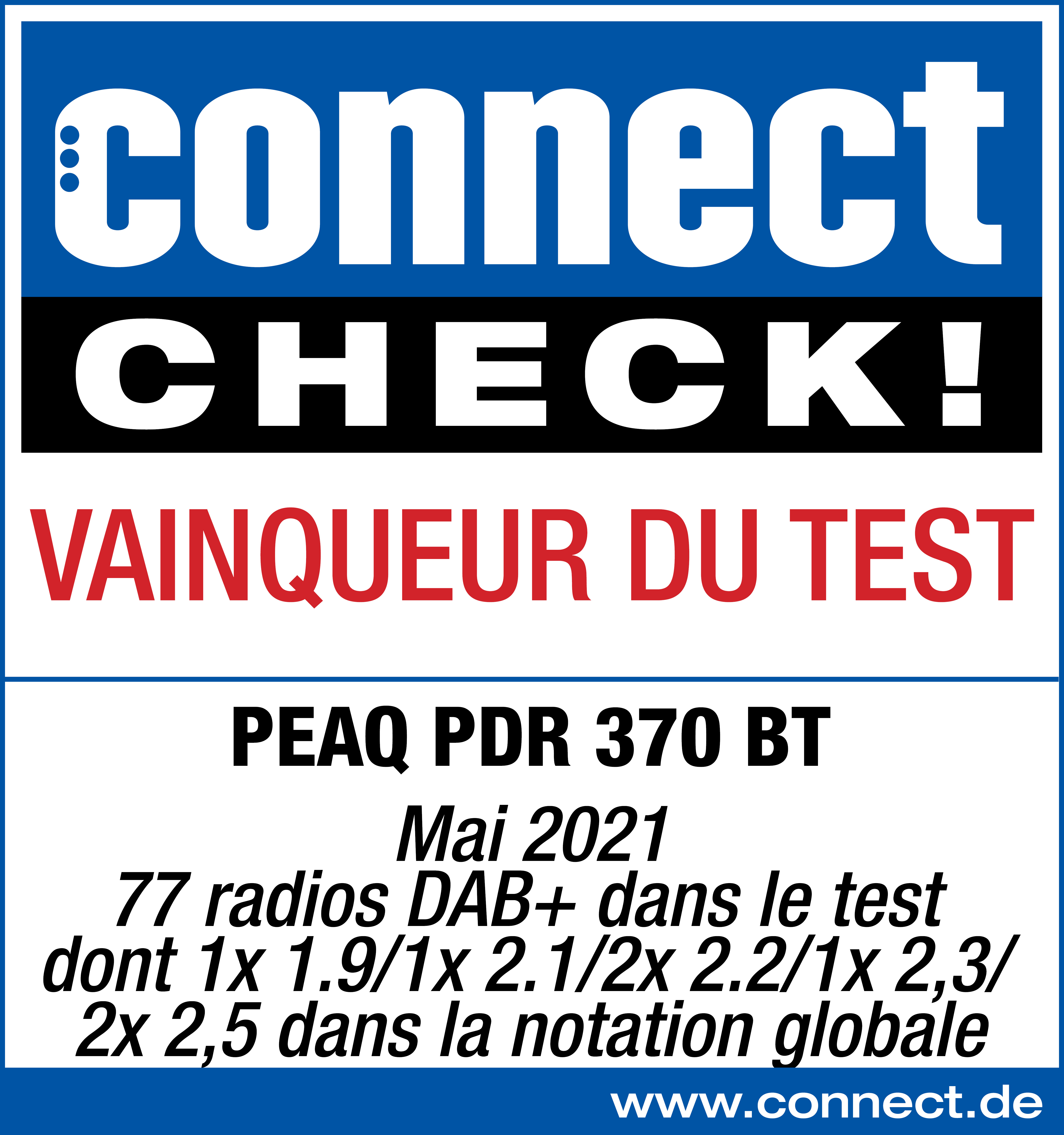 Connect Check! Vainqueur du test : PEAQ PDR 370 BT, Mai 2021, 77 radios DAB+ dans le test.