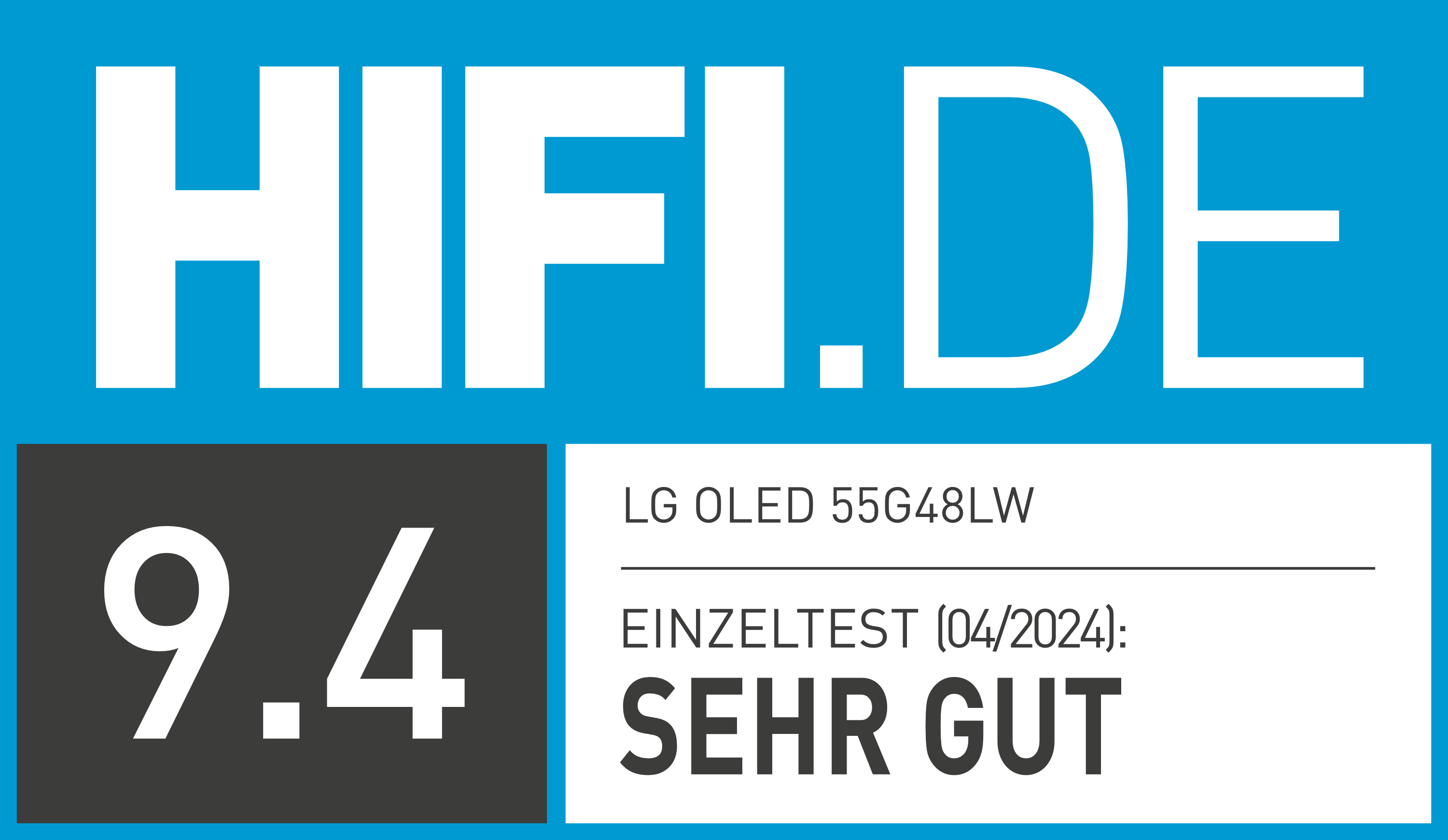 HIFI.DE Logo mit großer '9.4'-Bewertung. Der Text lautet 'SEHR GUT' und 'LG OLED 55G48LW'.