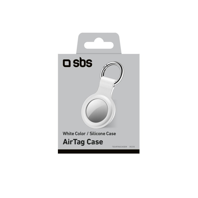 Weißes AirTag-Case in einer Verpackung mit Produktinformationen.