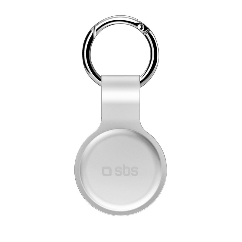Ein weißer, runder Schlüsselfinder mit silbernem Ring und dem 'sbs'-Logo darauf.