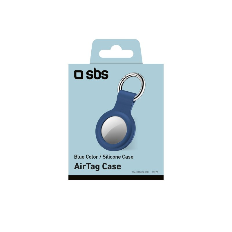 Blaue AirTag-Hülle mit silbernem Ring und dem SBS-Logo.