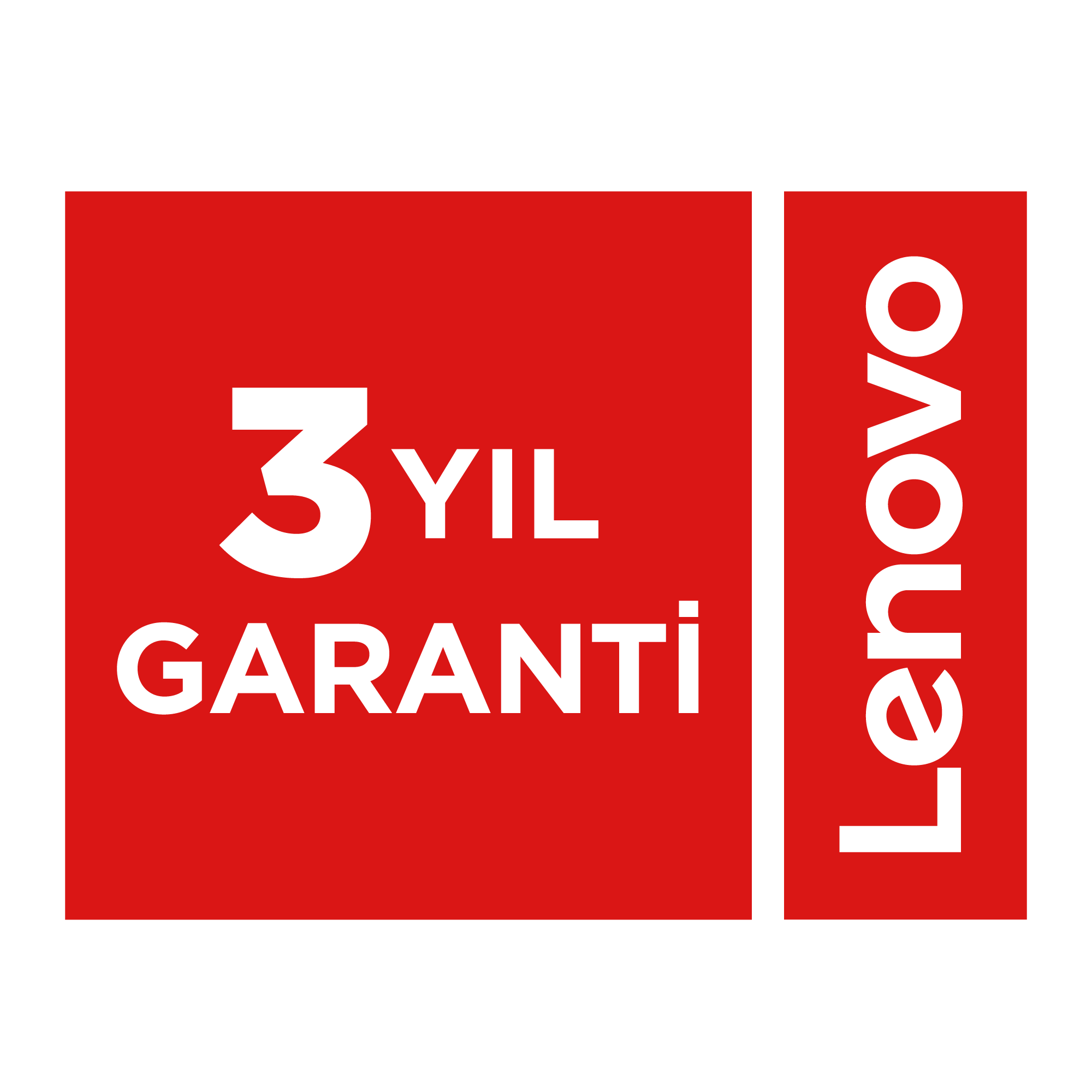 Beyaz metinle 3 yıllık bir garanti belirten kırmızı bir arka plan üzerinde Lenovo logosu.