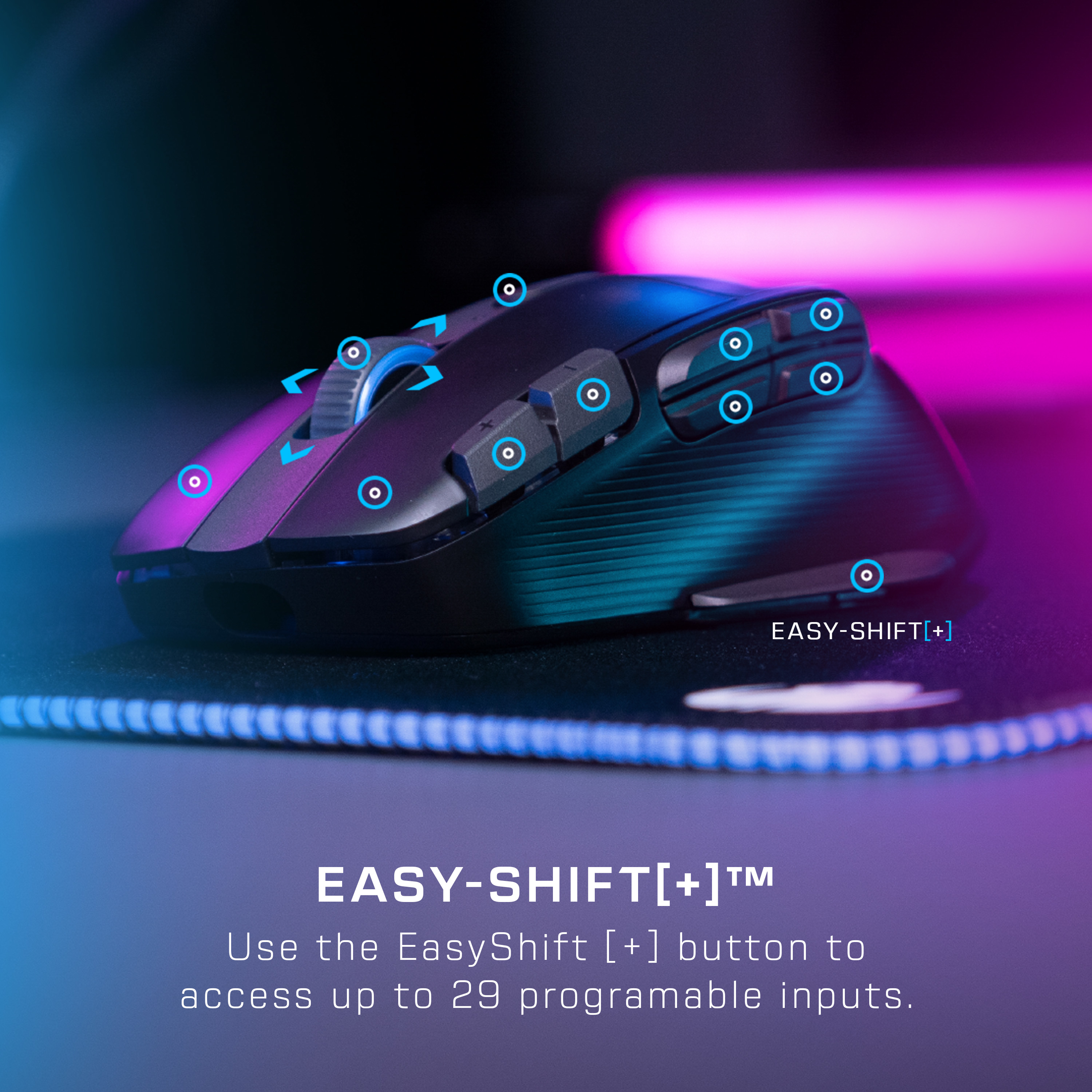 Schwarze Gaming-Maus mit mehreren Tasten und dem Text 'EASY-SHIFT[+]'. Auf einem Mousepad.