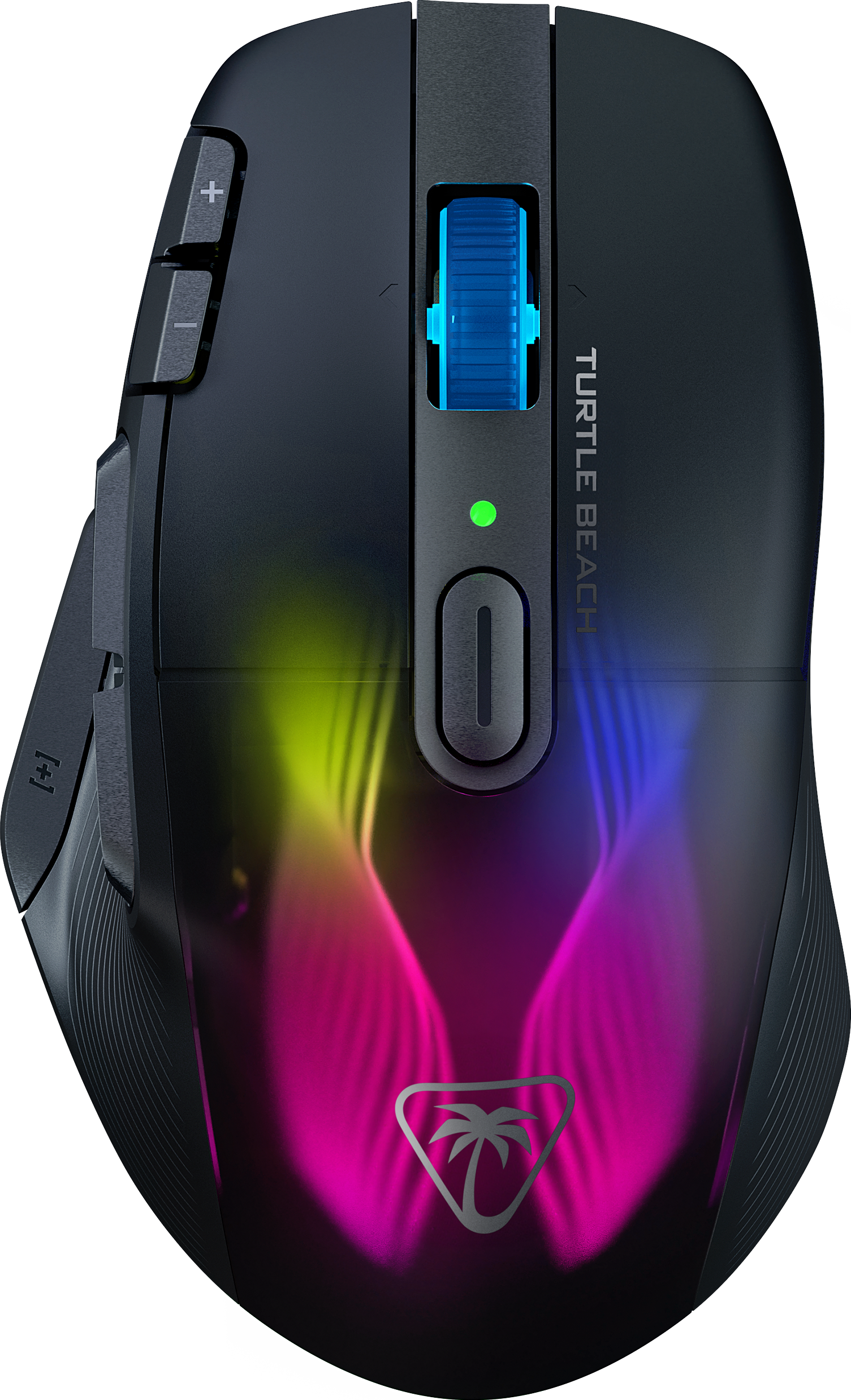 Schwarze Gaming-Maus mit Tasten und einem Scrollrad, mit bunten Lichtern.