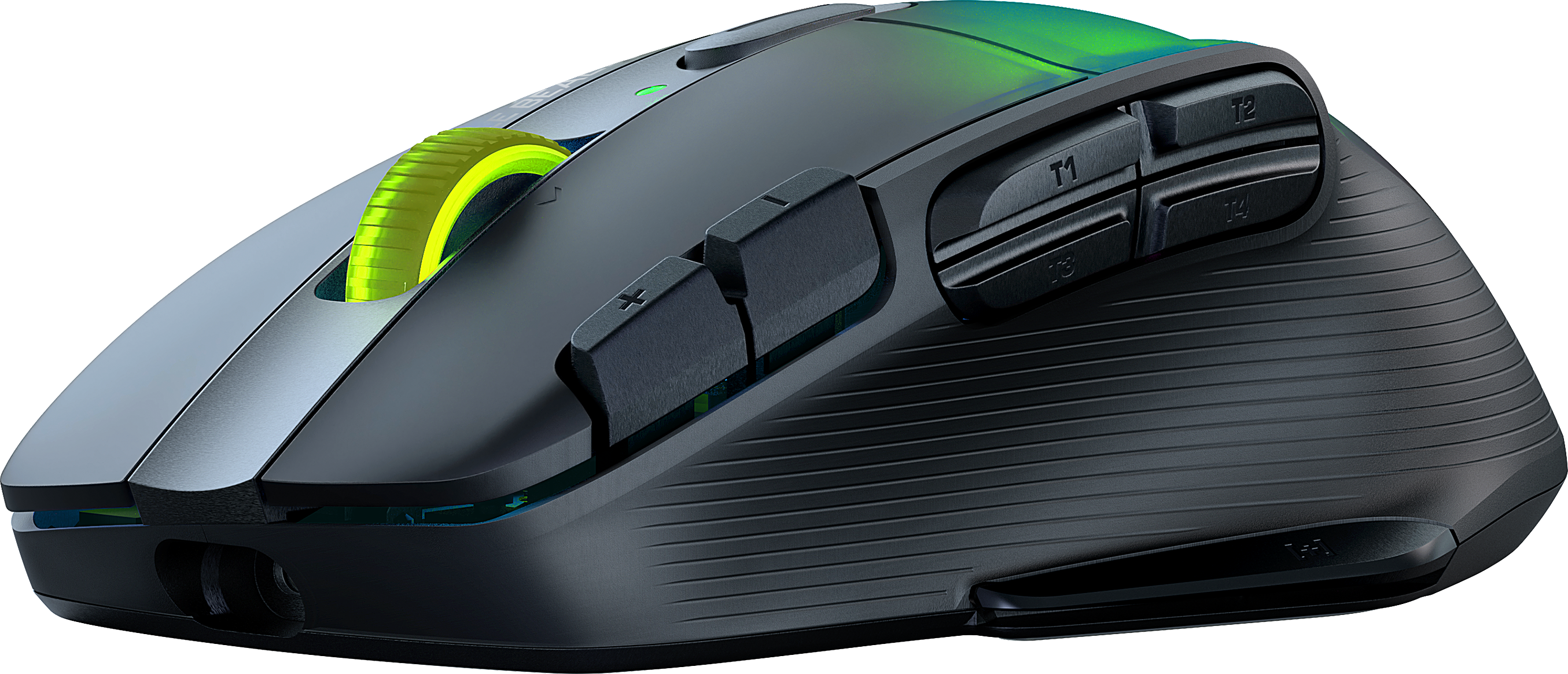 Schwarze Gaming-Maus mit mehreren Seitentasten und einem Scrollrad.