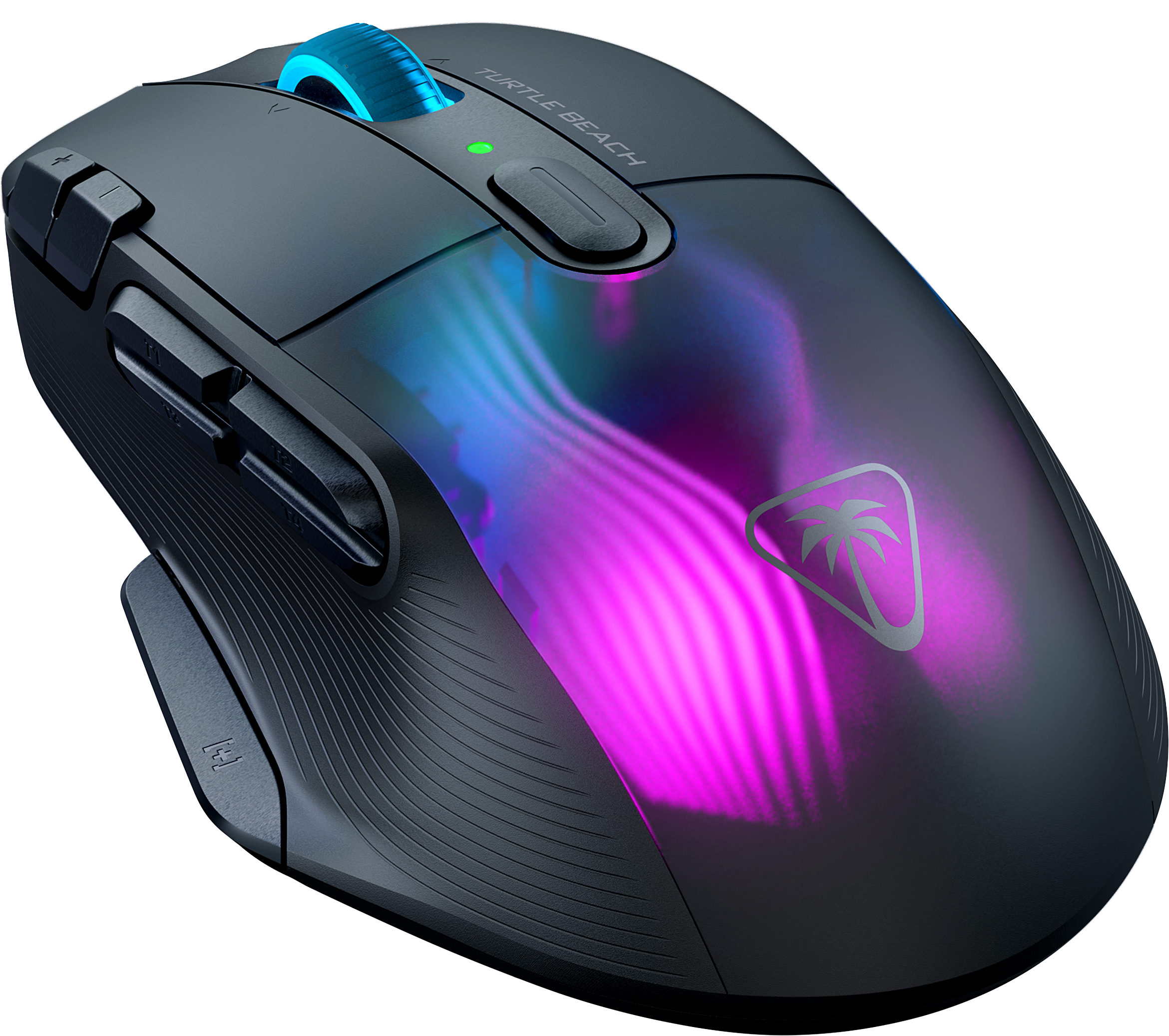Schwarze Gaming-Maus mit leuchtenden Lichtern. Logo sichtbar. Bunte Lichter.