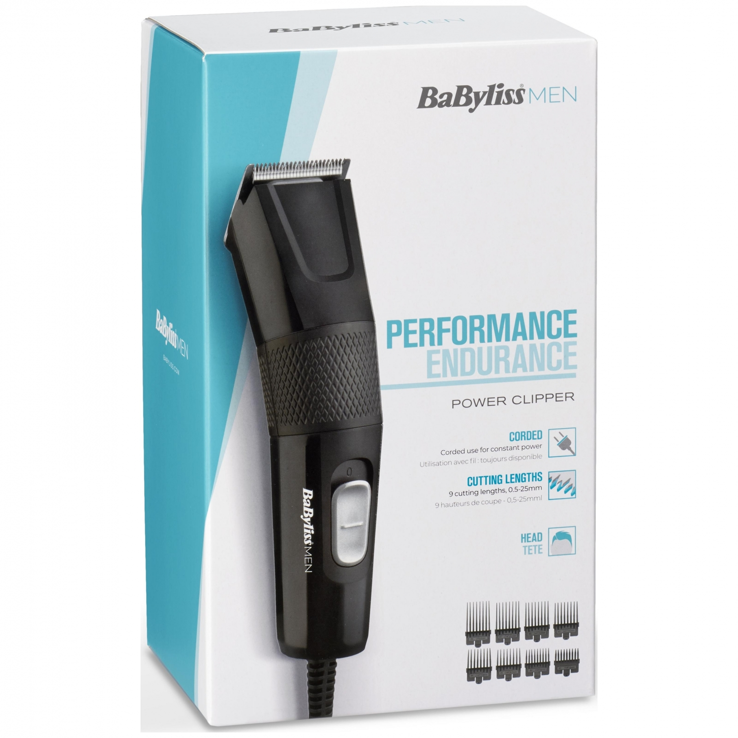 Cortapelos eléctrico Babyliss Men negro y caja, con detalles del producto e información de longitud de corte.
