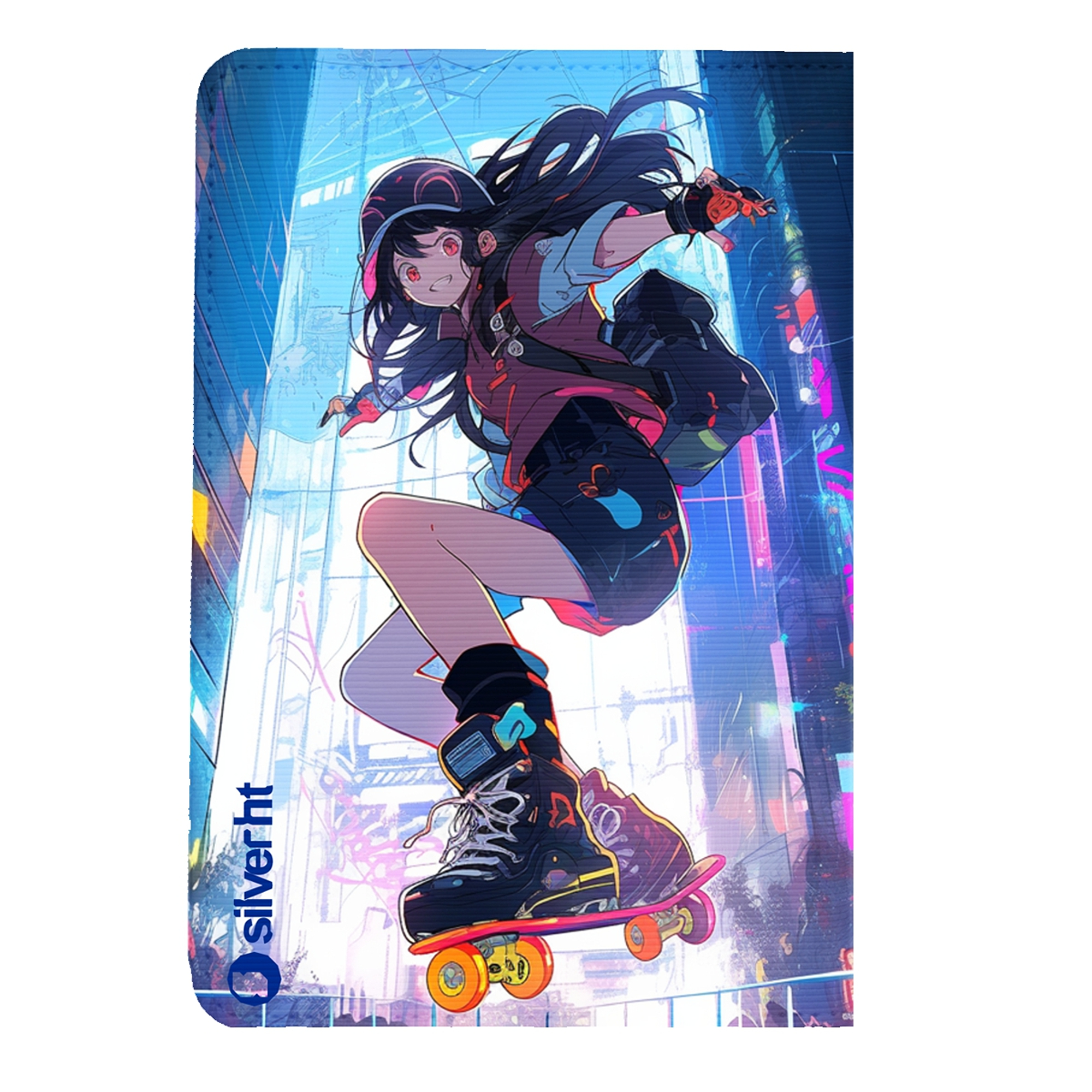 Chica anime en monopatín en una ciudad de noche. Logotipo Silverht.