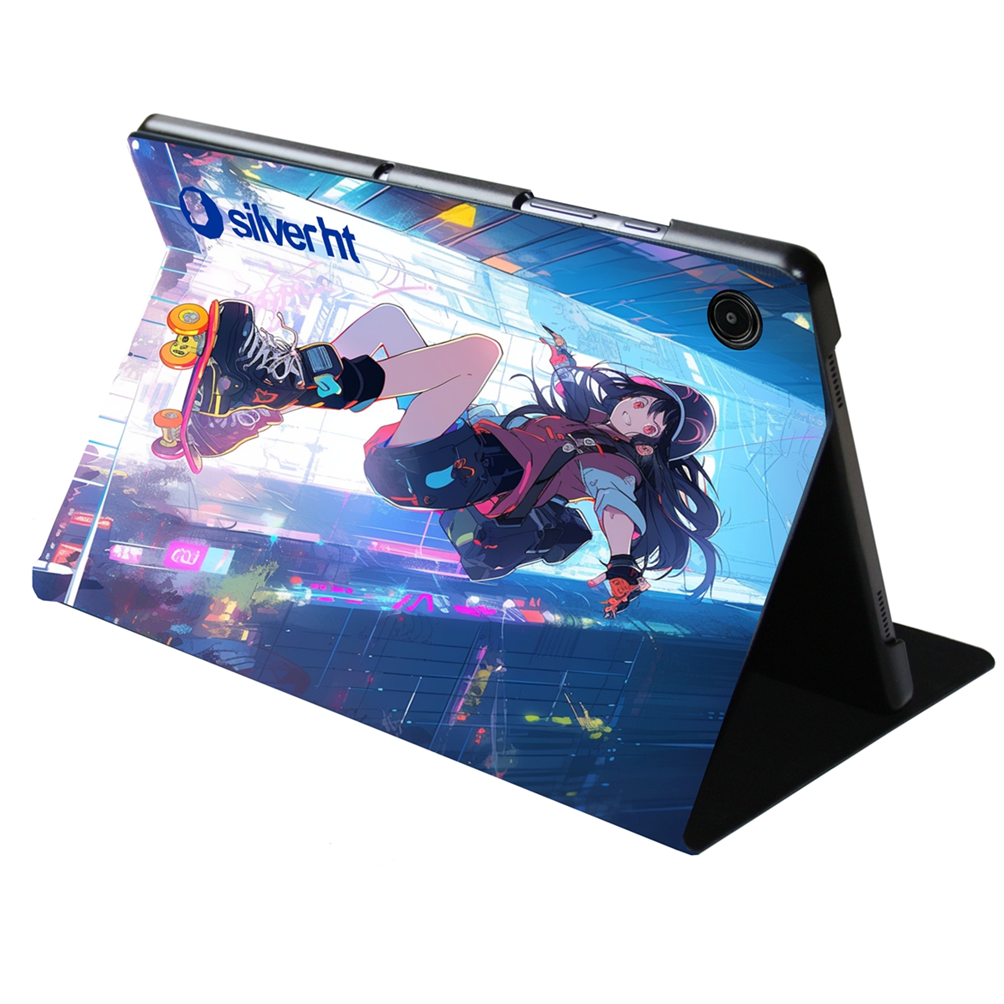 Tableta con chica anime en monopatín. Logotipo Silverht en la tapa.