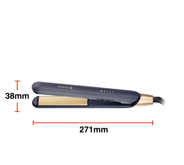Una plancha de pelo negra y dorada, con dimensiones indicadas por flechas.