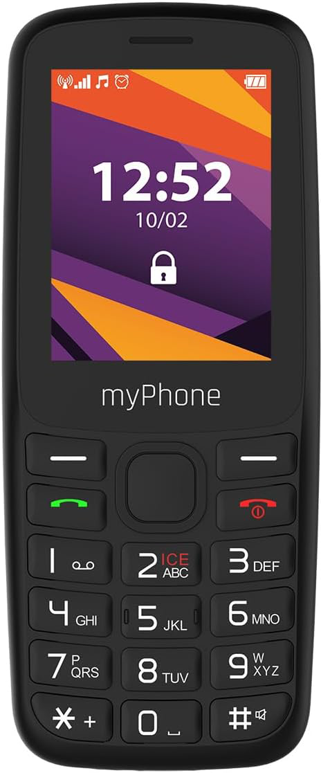 Fekete kagylótelefon, képernyővel, ami az időt és a dátumot mutatja, alatta billentyűzettel.