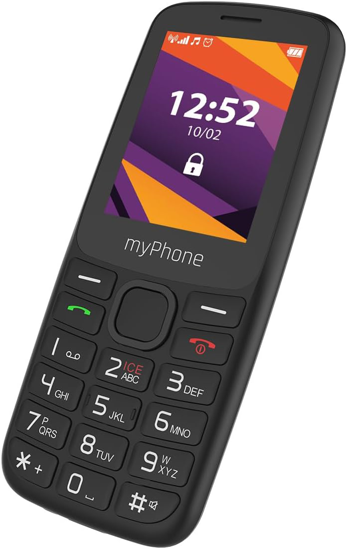 Egy fekete myPhone. Van egy billentyűzete, egy képernyője, amely az időt és a zárat mutatja, valamint egy hívás gomb.
