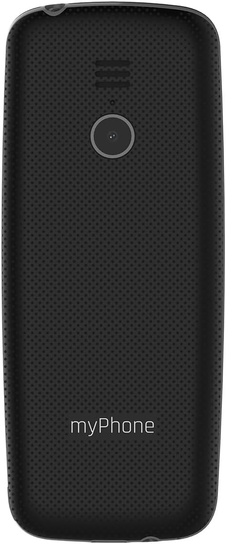 Egy fekete telefon hátulja kamerával és a myPhone szóval.