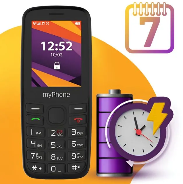 Fekete myPhone zárolt képernyővel, naptár ikonnal és akkumulátor töltésjelzővel.