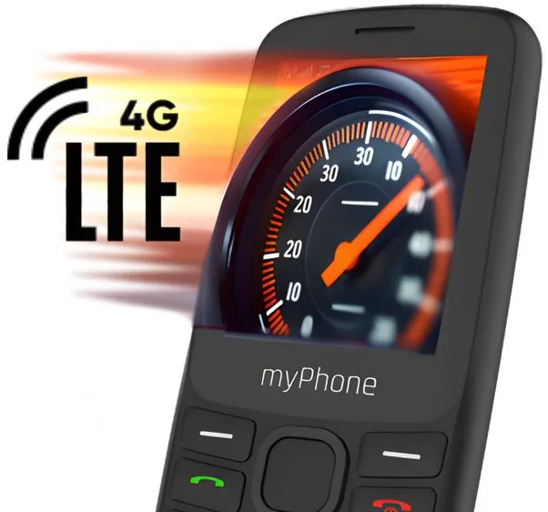 Fekete myPhone 4G LTE jellel. Sebességmérő grafika is látható.