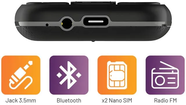 Fekete eszköz alja portokkal. Jack 3,5 mm, Bluetooth, x2 Nano SIM és Radio FM ikonok.