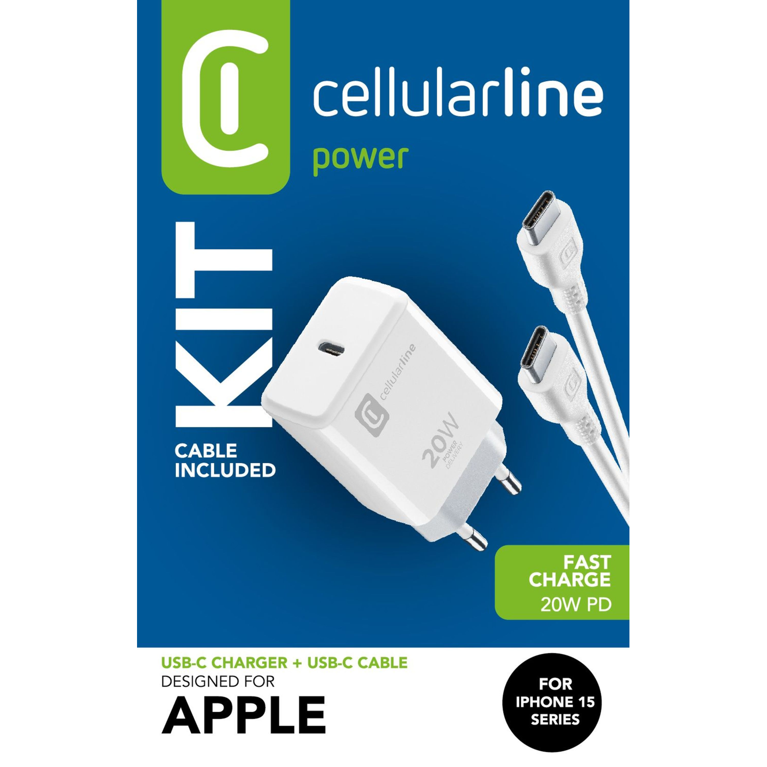 Cellularline power kit packaging with a charger and USB-C cable. Designed for Apple.