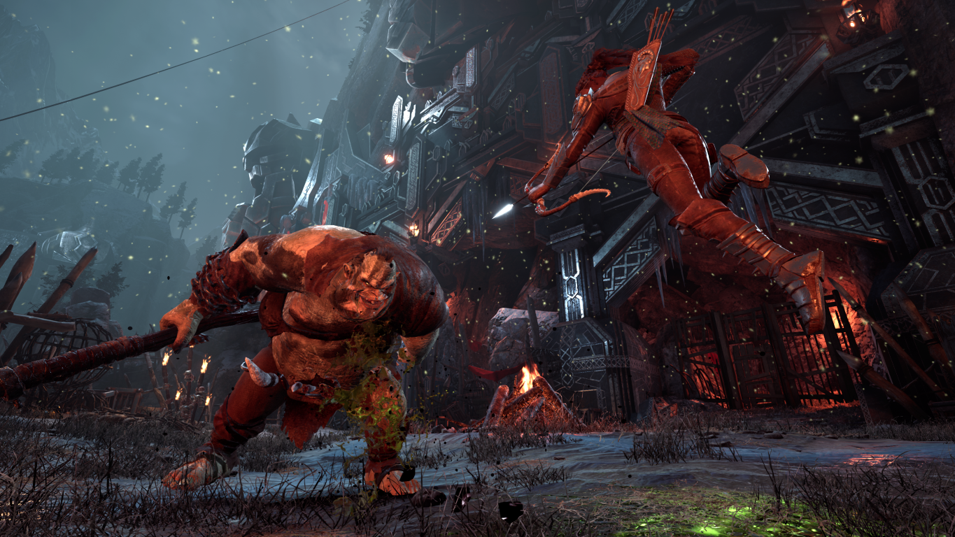 Scena fantasy, łucznik strzela, potwór atakuje, ciemno, śnieżnie.