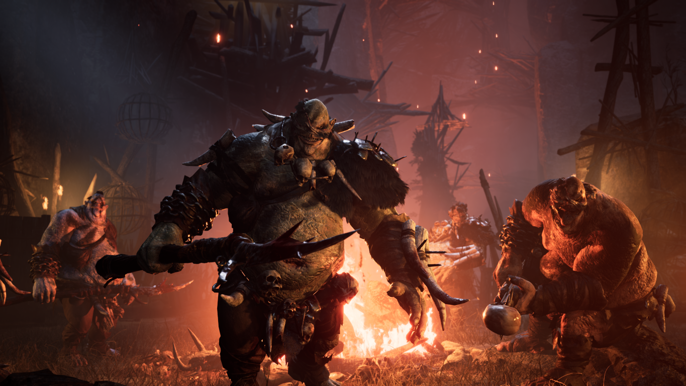Grupa orków w mrocznym, ognistym otoczeniu. Jeden ork trzyma broń.