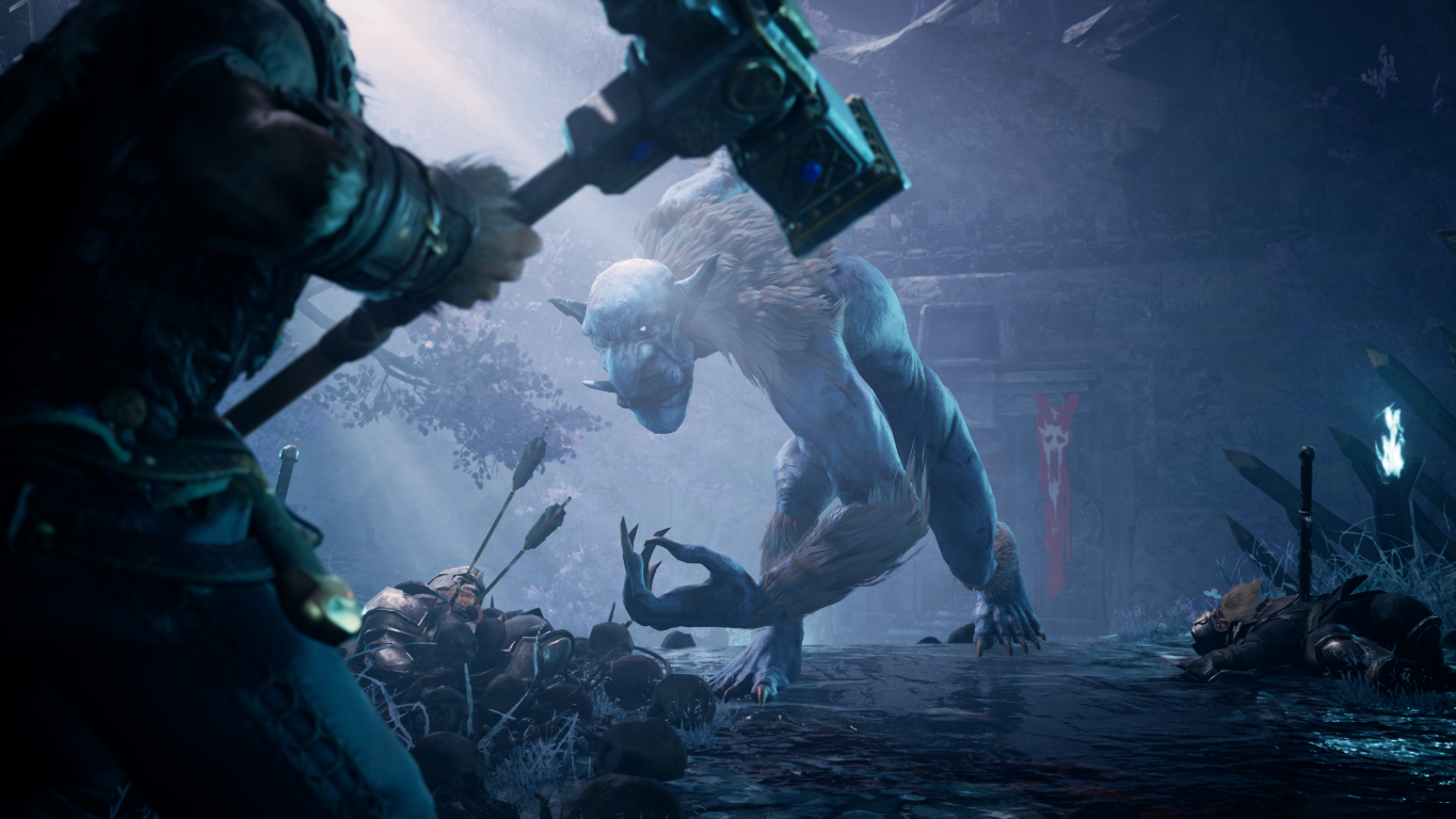 Potwór walczący w mrocznym otoczeniu. Dwie postacie z bronią, strzały na ziemi.