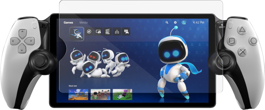 Tablette entre deux manettes blanches, affichant une interface de jeu avec un personnage astronaute.