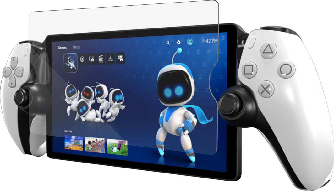 Une tablette est connectée à deux manettes de jeu blanches. Un jeu est à l'écran.