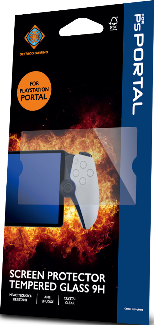 Un emballage de protection d'écran pour une Playstation Portal. Comprend un protecteur d'écran transparent et la manette est montrée.