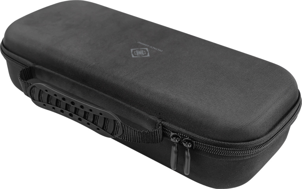 Étui de transport noir pour appareil de jeu portable, avec poignée et fermeture éclair.