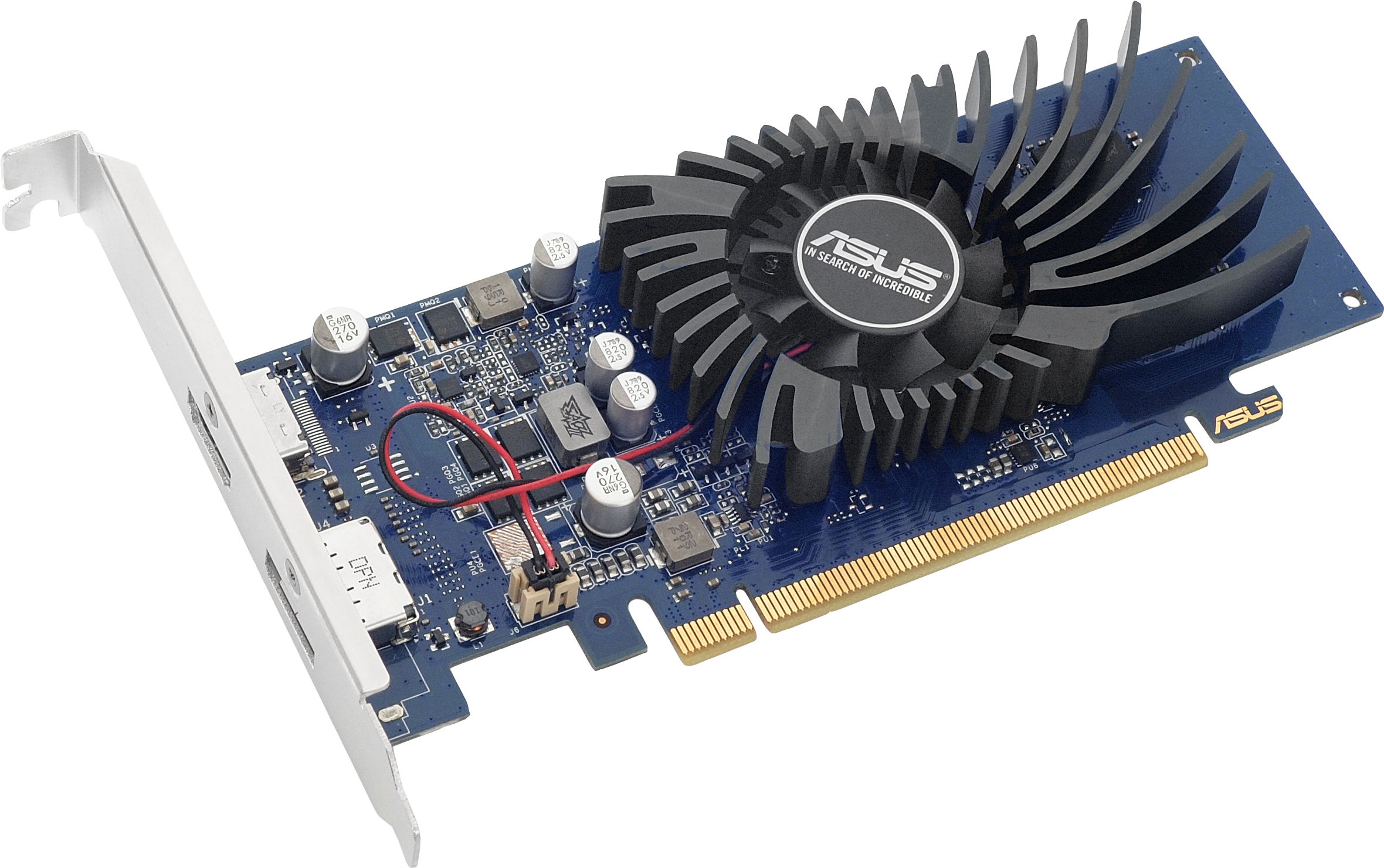 Carte graphique ASUS avec ventilateur, radiateur et connecteurs sur PCB bleu.