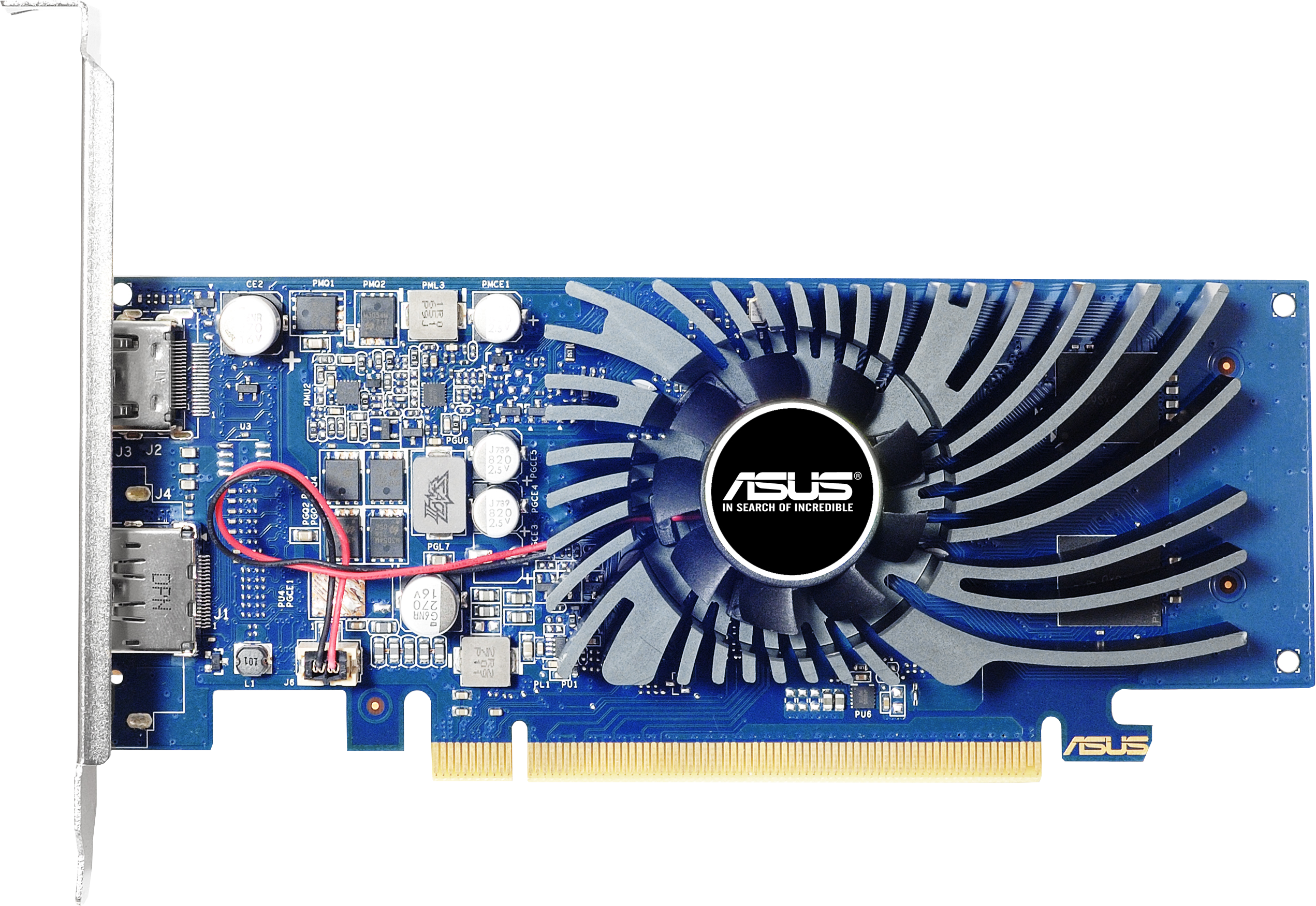 Une carte graphique ASUS bleue avec ventilateur argenté et logo Asus sur fond noir.