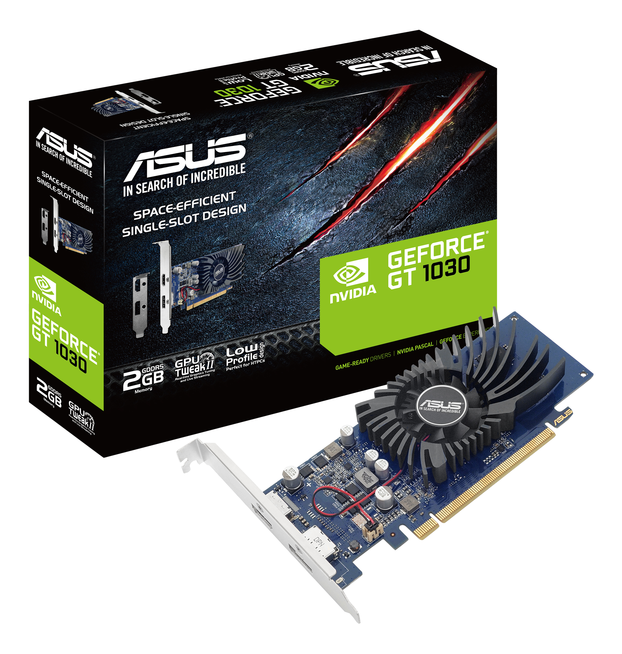 Une carte graphique Asus Nvidia GeForce GT 1030 avec ventilateur et emballage.