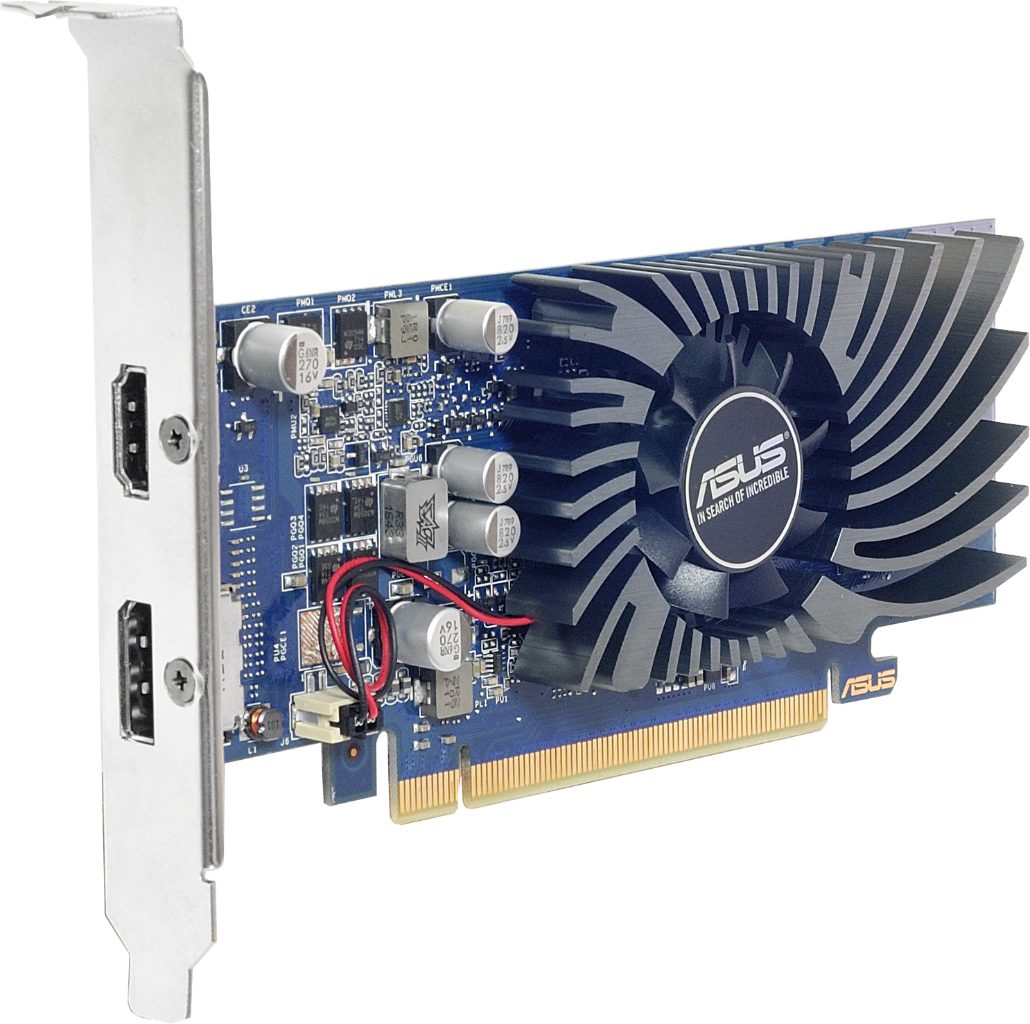Une carte graphique Asus avec ventilateur et radiateur, dotée de ports HDMI.