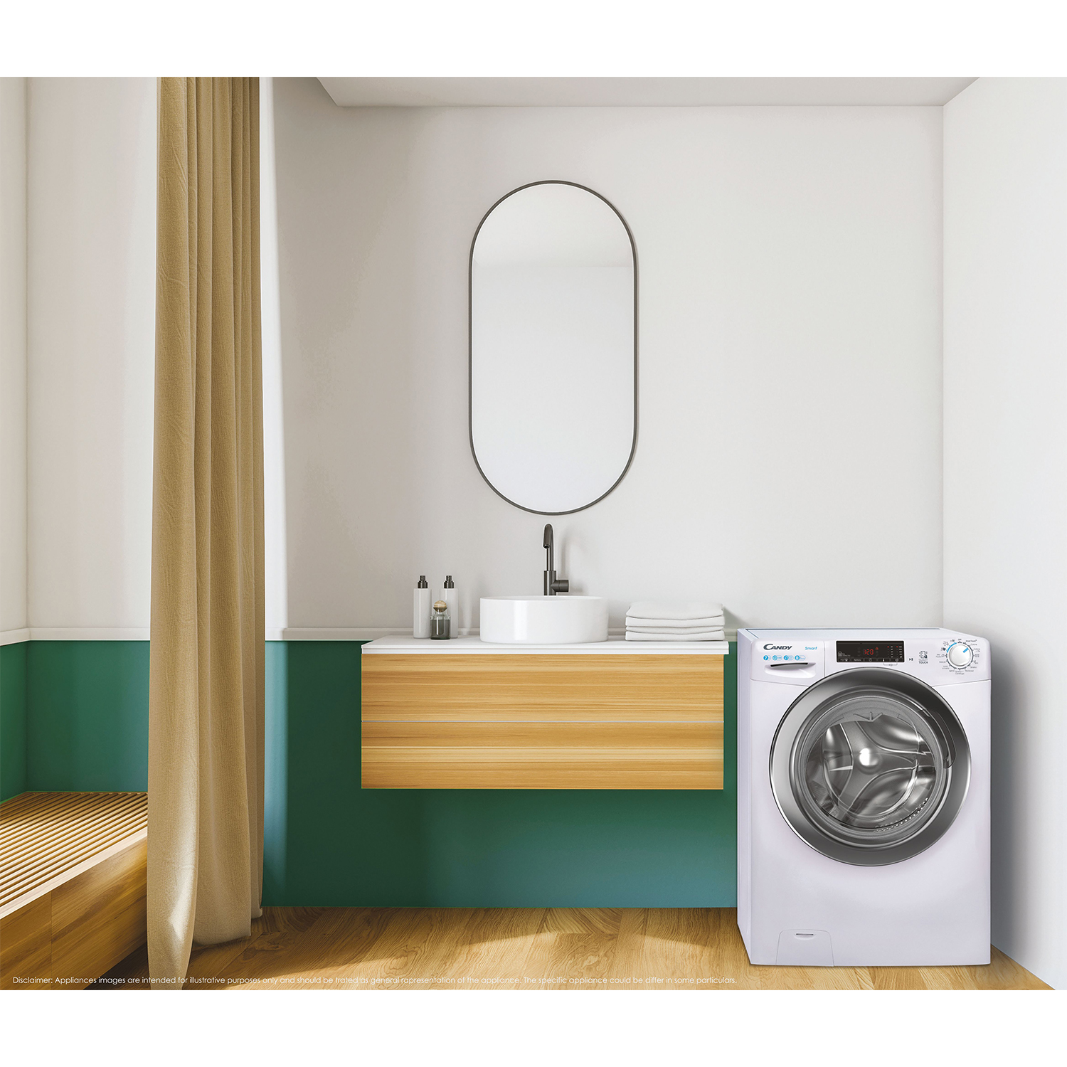 Una lavatrice bianca in un bagno con specchio e mobile in legno.