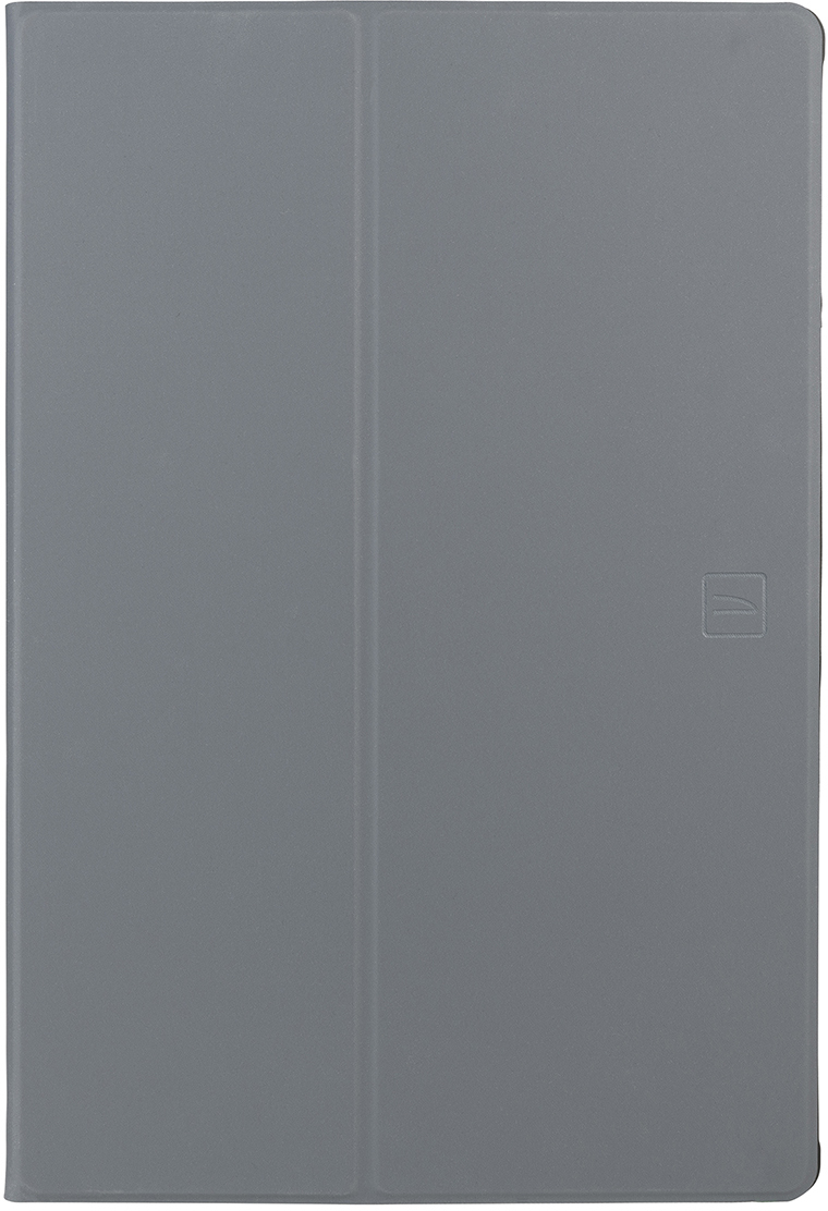 Graue Tablet-Hülle geschlossen, mit kleinem Logo unten rechts. Auf weißem Hintergrund.