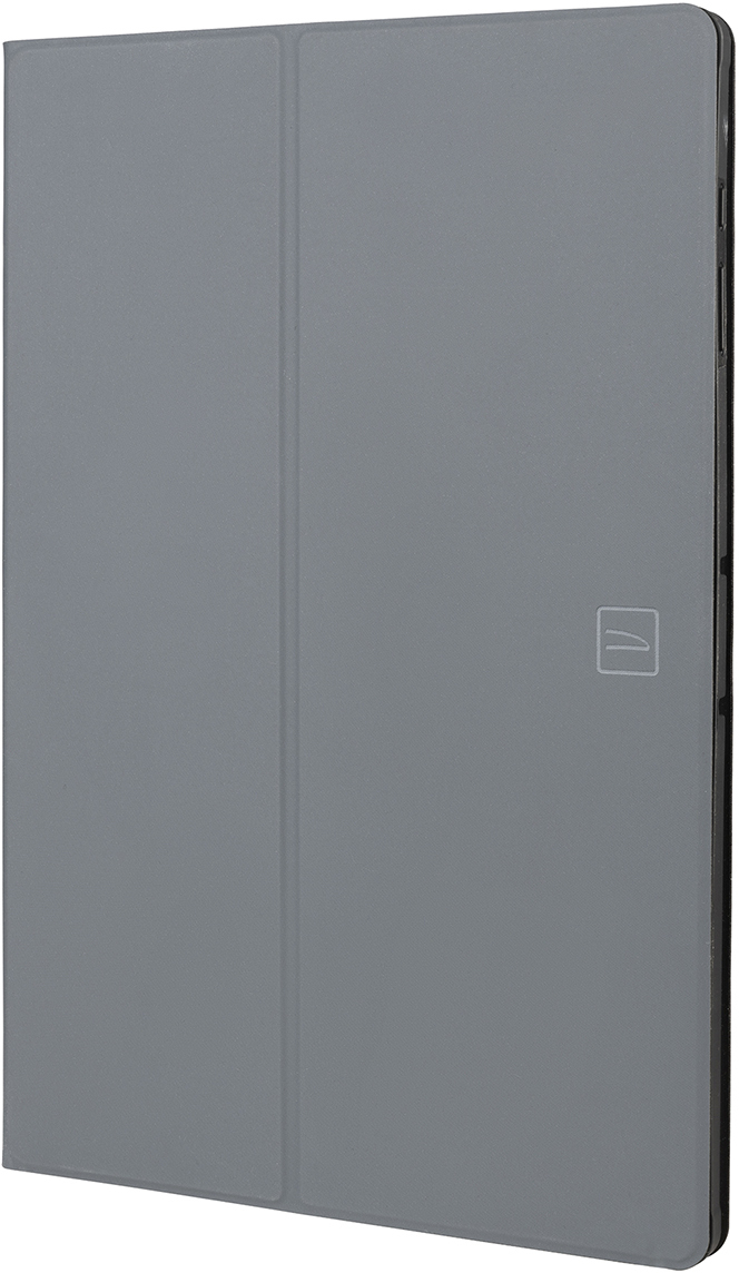 Eine geschlossene Tablet-Hülle in Hellgrau. Die Hülle hat ein schlichtes Design und ist auf weißem Hintergrund.