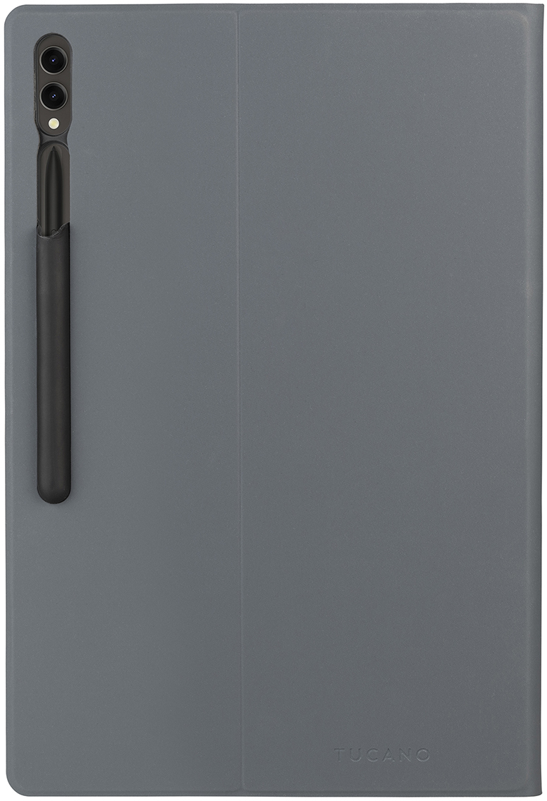 Ein graues Tablet mit einem Stift in einer Hülle, geschlossen und nach rechts gerichtet.