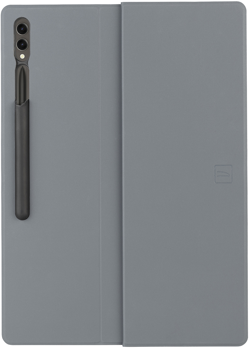Graue Tablethülle mit Stifthalter und Logo.