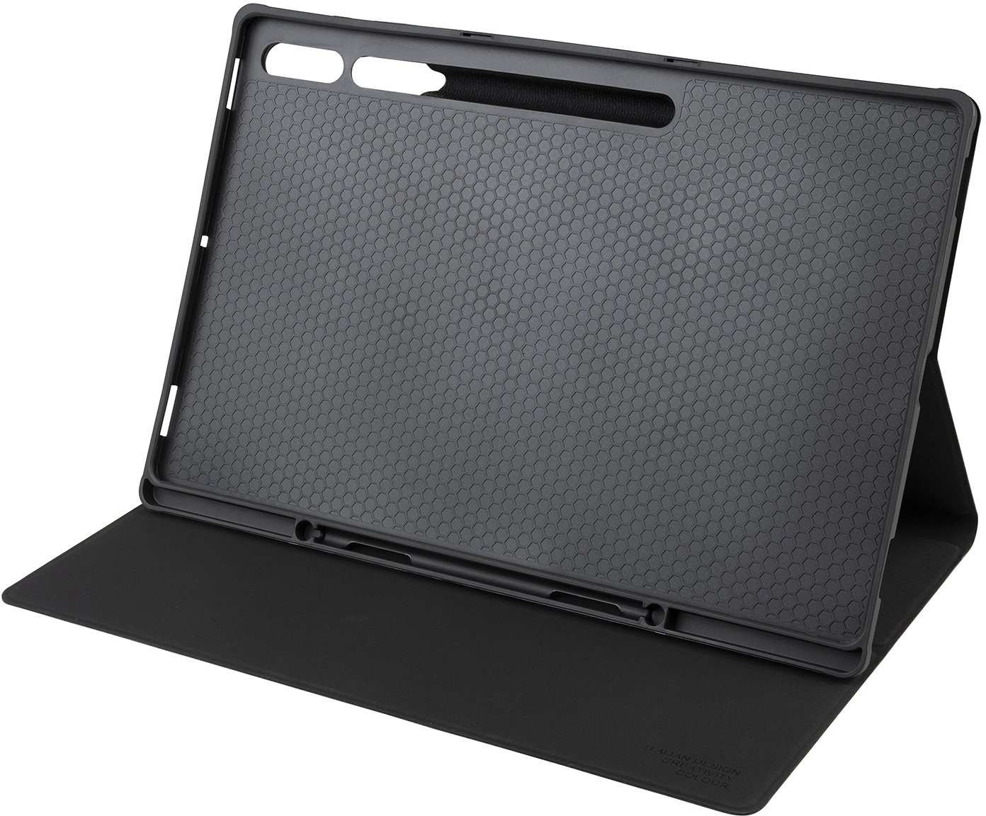 Schwarze Tablet-Hülle mit Abdeckung. Innen schwarz. Abdeckung ist geöffnet.