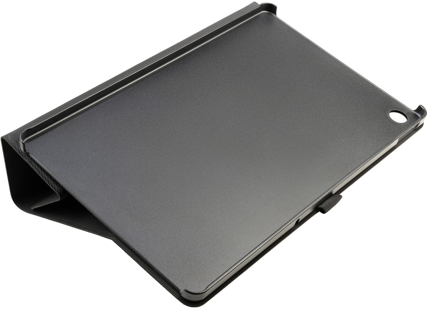 Eine dunkelgraue Tablethülle mit Magnetklappe.