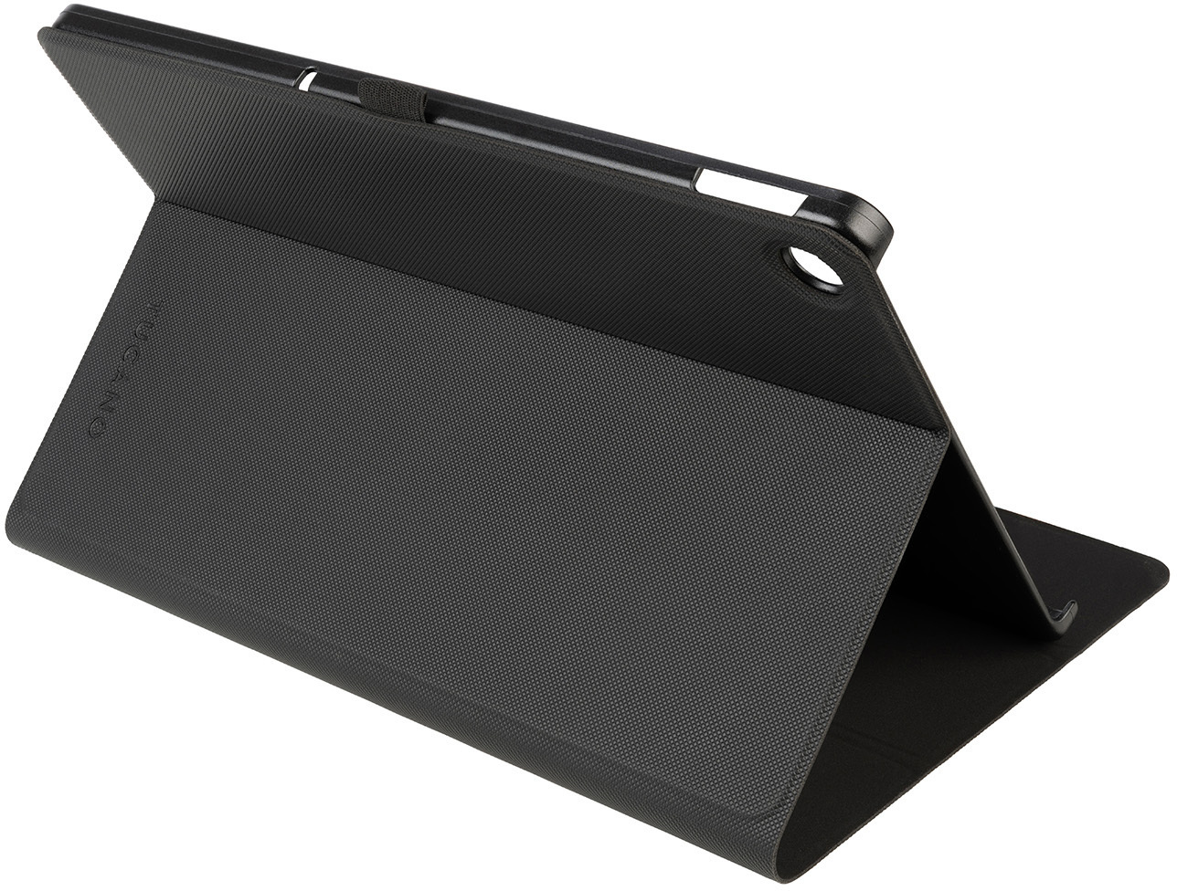 Schwarze Tablethülle, zusammengeklappt zum Aufstellen, mit strukturierter Oberfläche.
