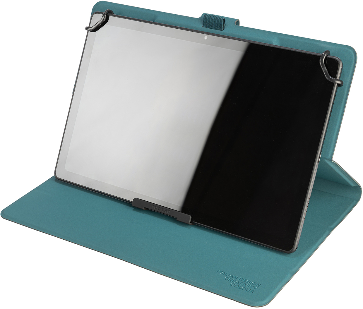 Tablet in teal Hülle, geneigt, weißer Bildschirm, schwarzer Rahmen.