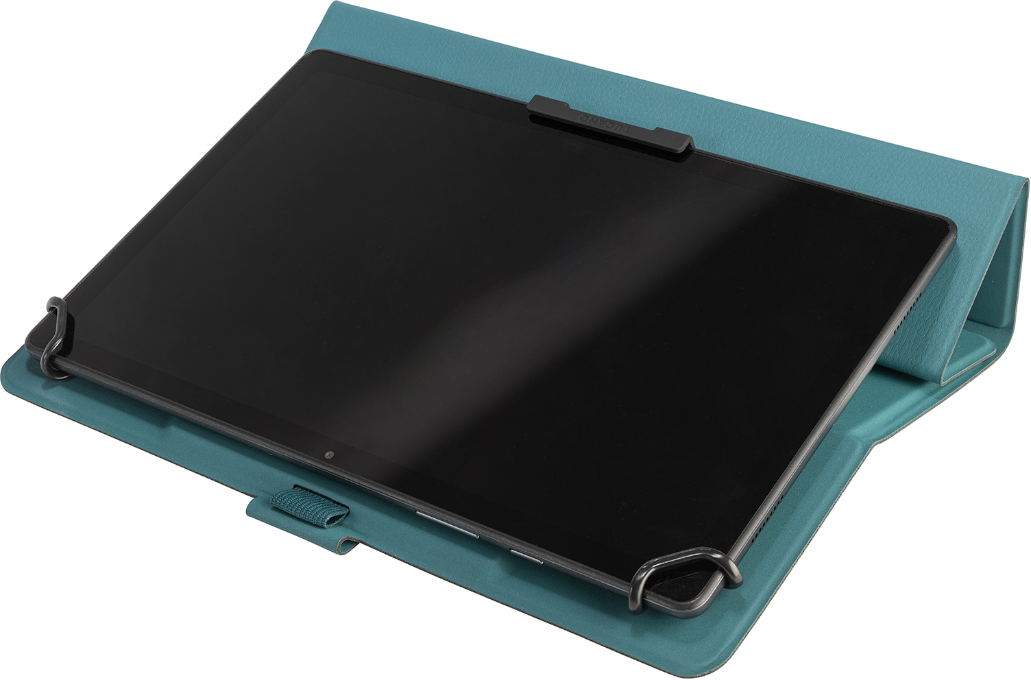 Tablet in einer blauen Hülle, abgewinkelt zur Ansicht.